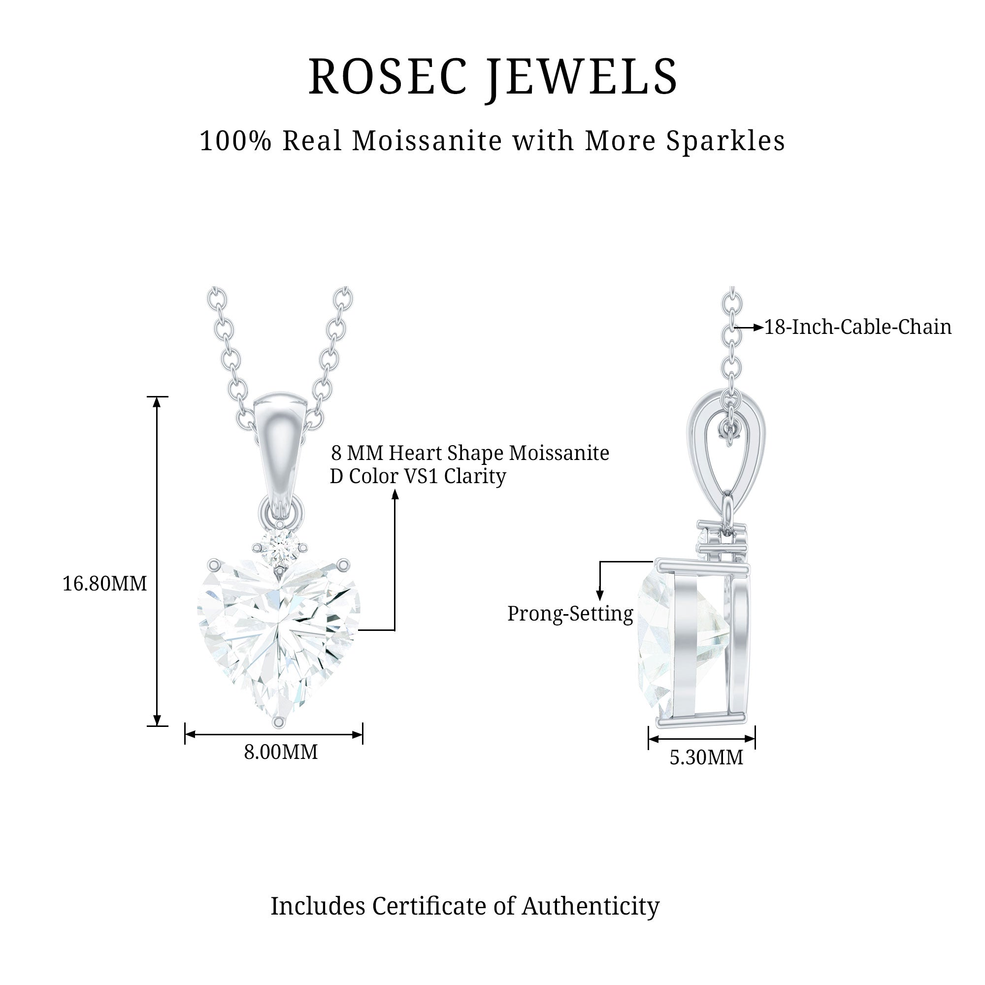 Certified 2 Carat Moissanite Solitaire Heart Necklace