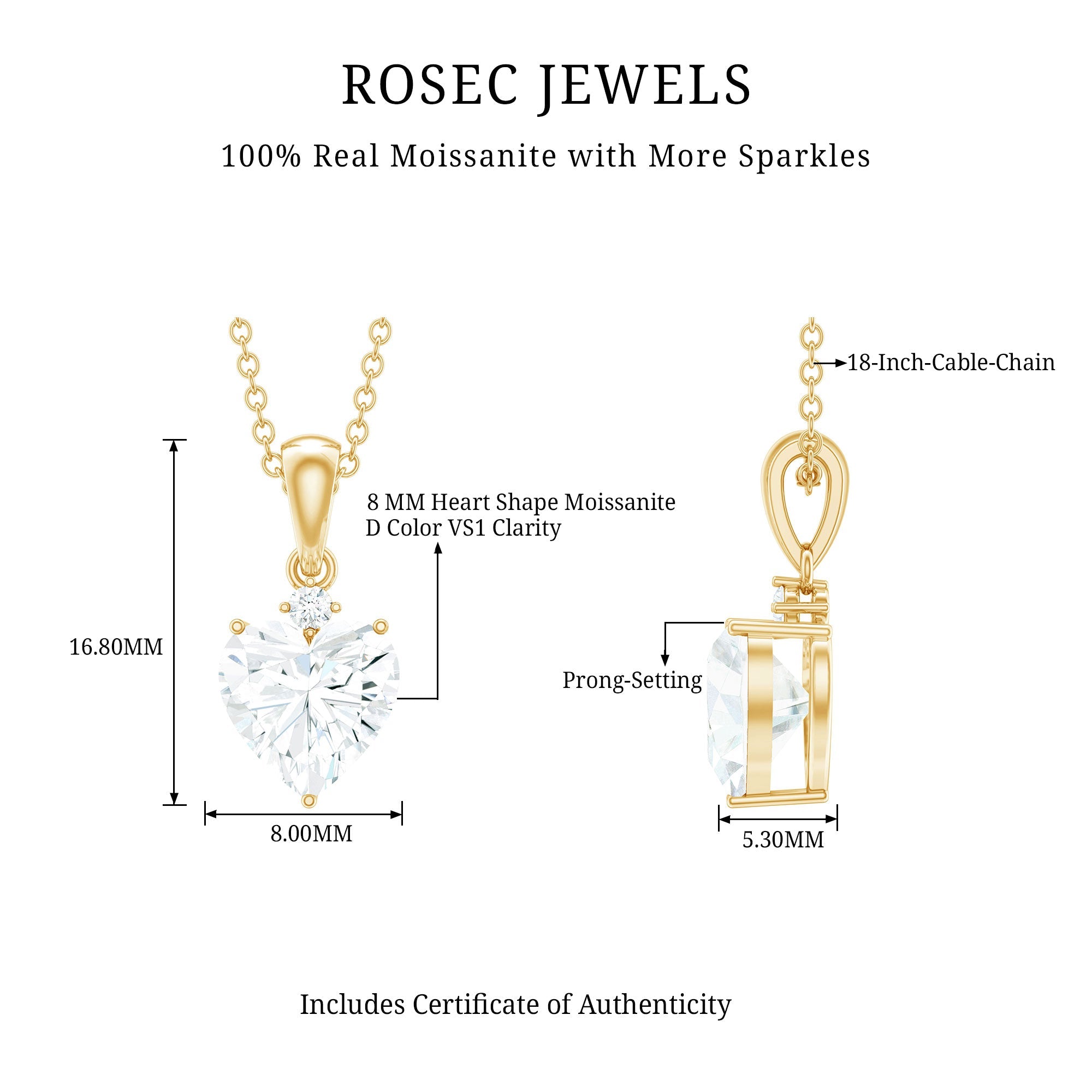 Certified 2 Carat Moissanite Solitaire Heart Necklace