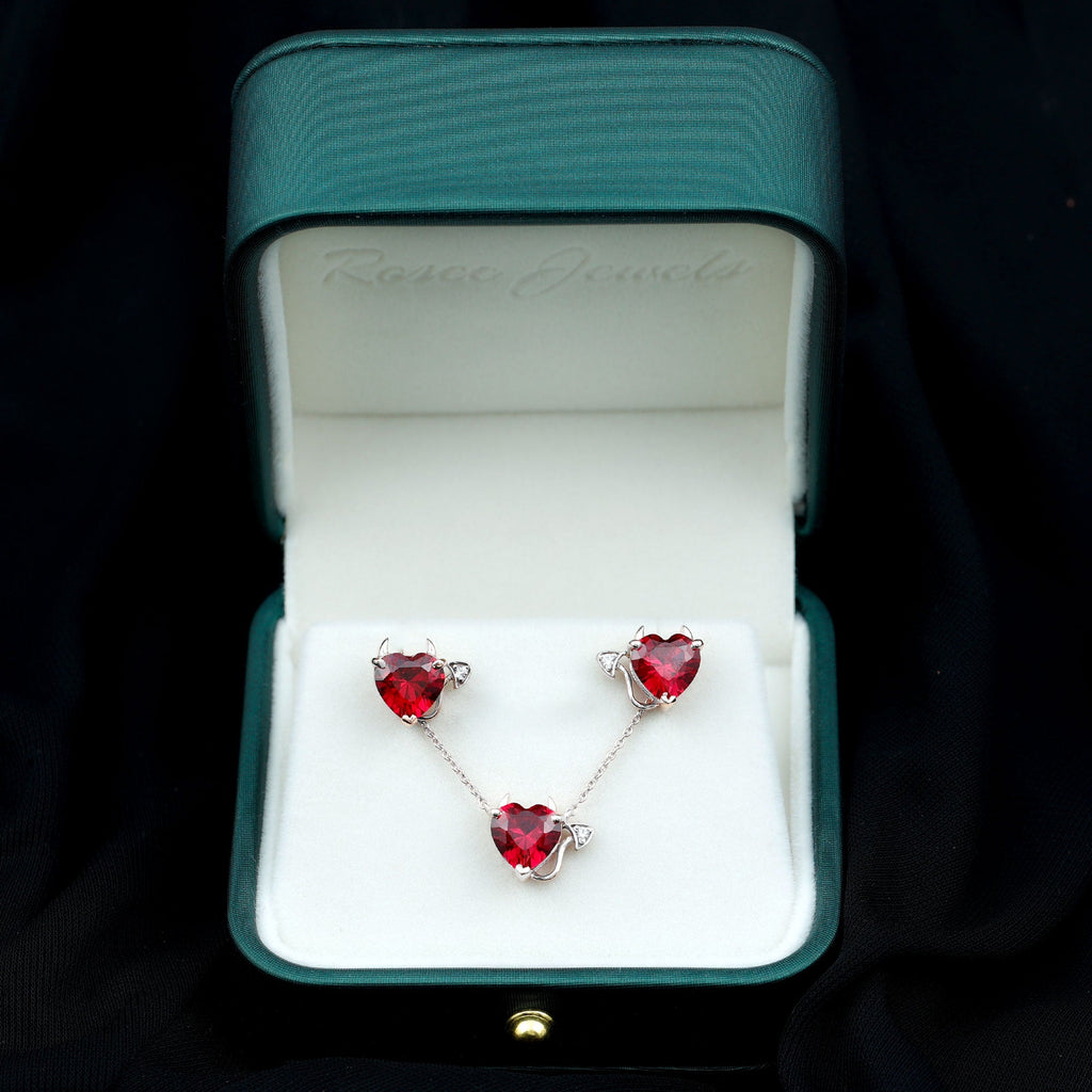 Lab Grown Ruby Heart Necklace And Earrings Set With Diamond