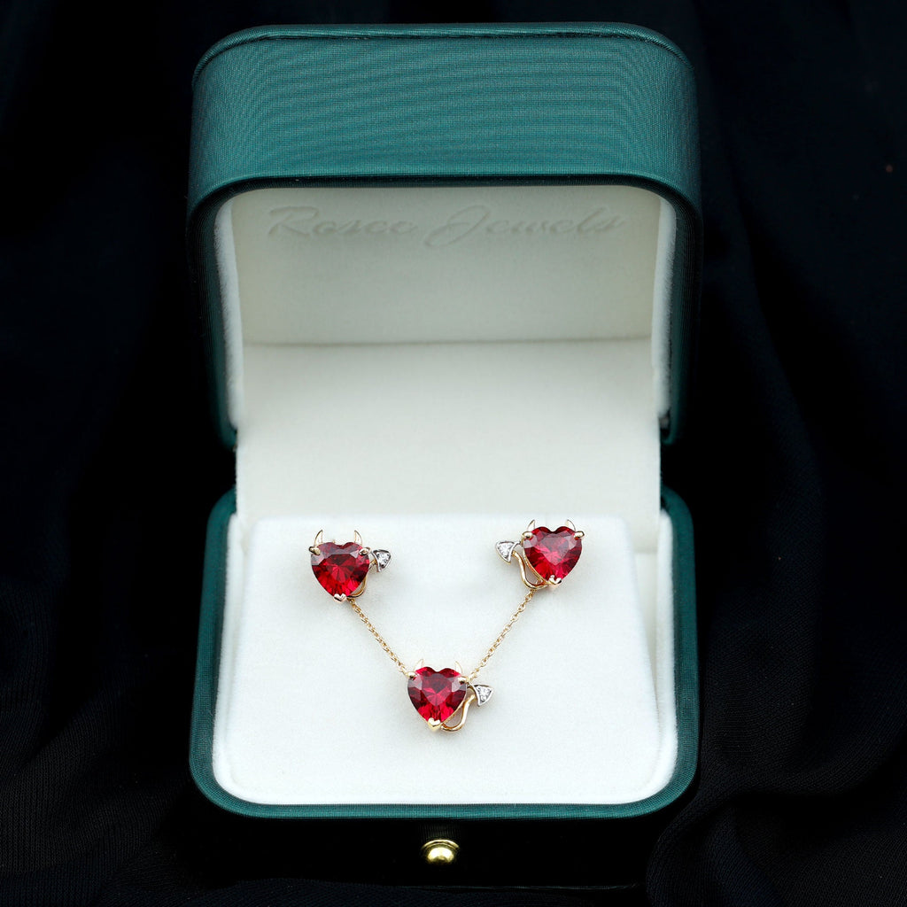 Lab Grown Ruby Heart Necklace And Earrings Set With Diamond