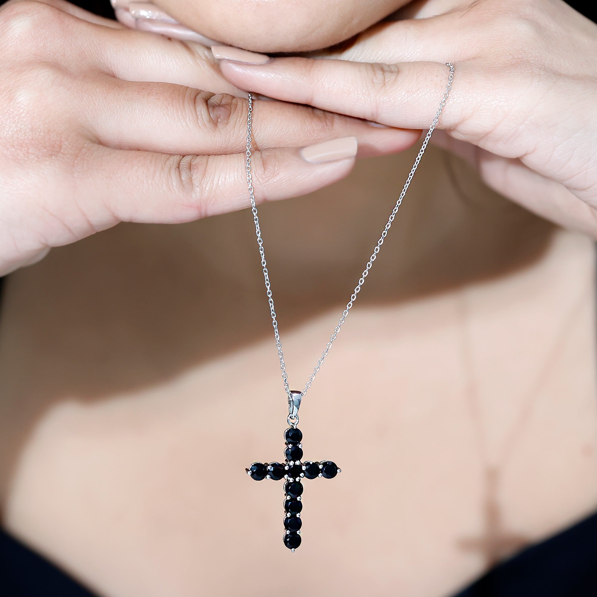 Natural Black Onyx Cross Pendant Necklace for Women