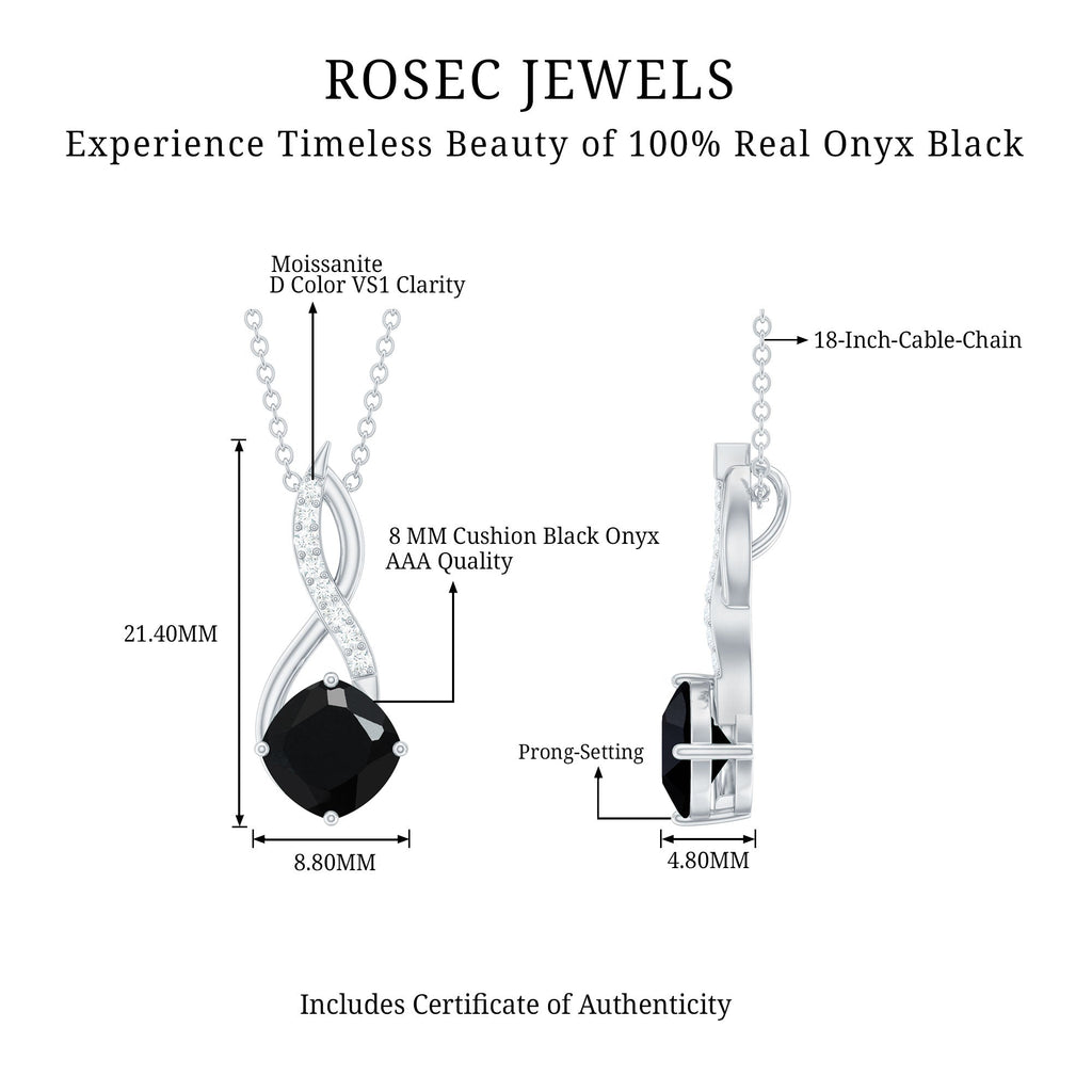 Cushion Cut Black Onyx Solitaire Infinity Necklace with Moissanite