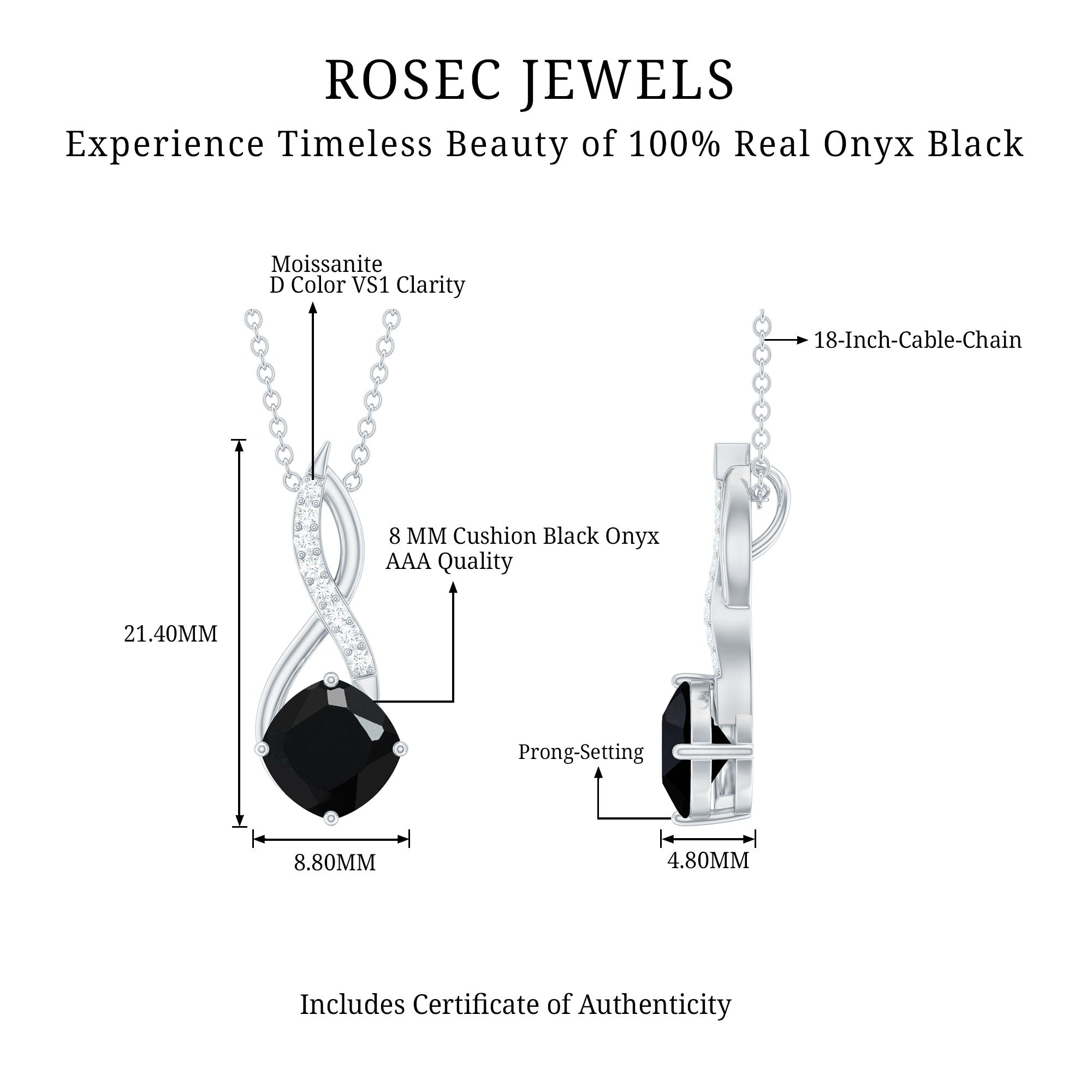 Cushion Cut Black Onyx Solitaire Infinity Necklace with Moissanite