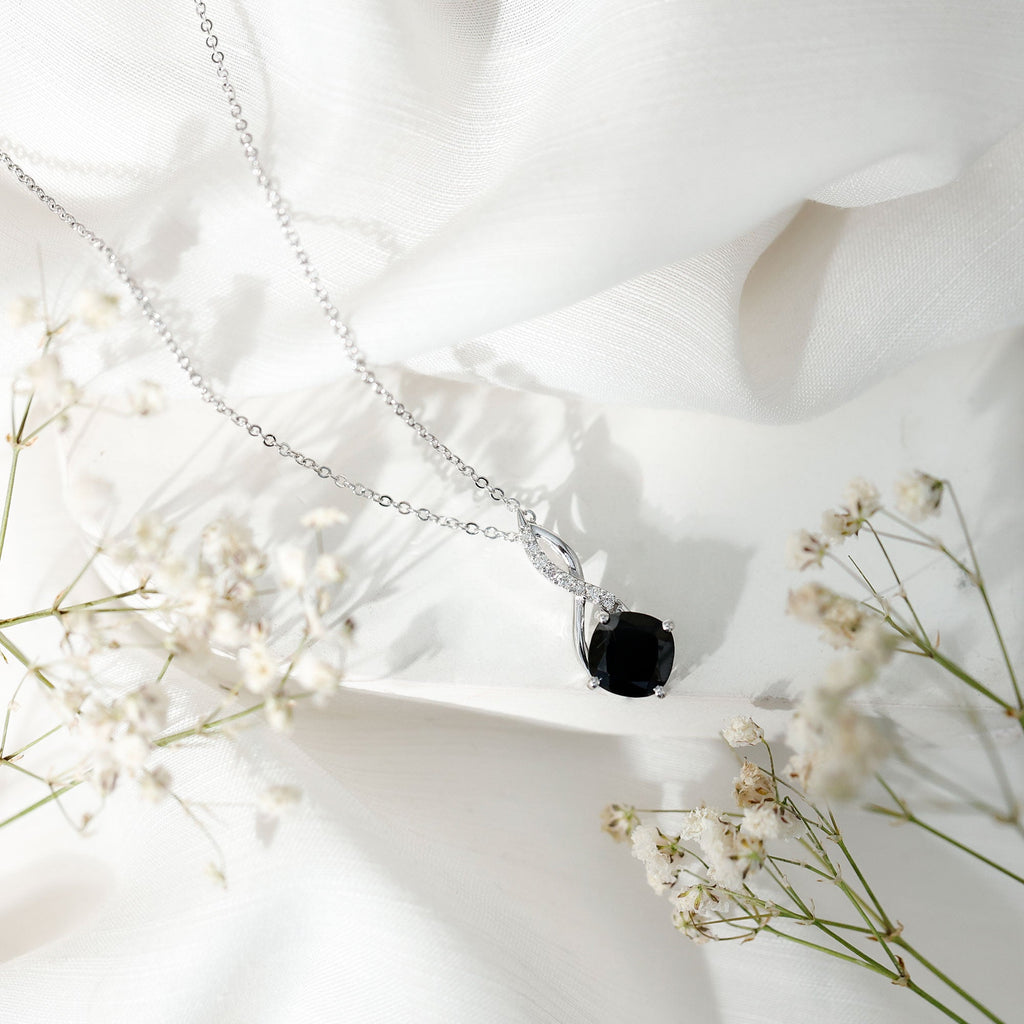 Cushion Cut Black Onyx Solitaire Infinity Necklace with Moissanite