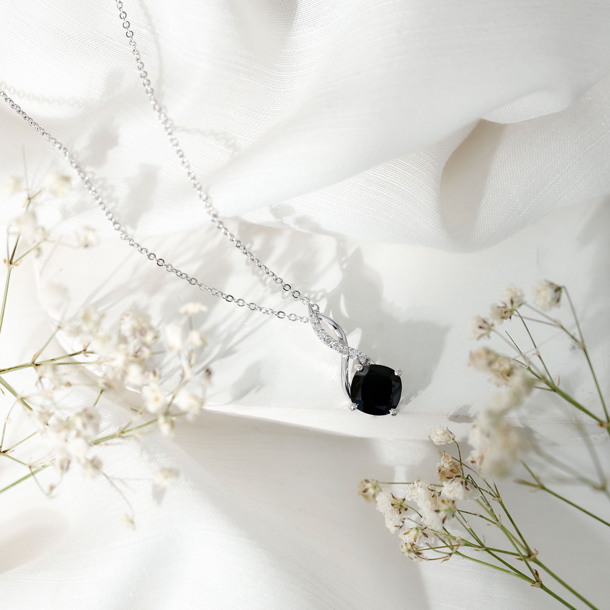 Cushion Cut Black Onyx Solitaire Infinity Necklace with Moissanite