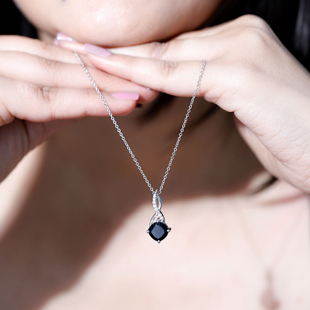 Cushion Cut Black Onyx Solitaire Infinity Necklace with Moissanite