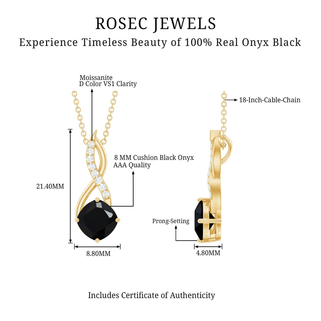 Cushion Cut Black Onyx Solitaire Infinity Necklace with Moissanite