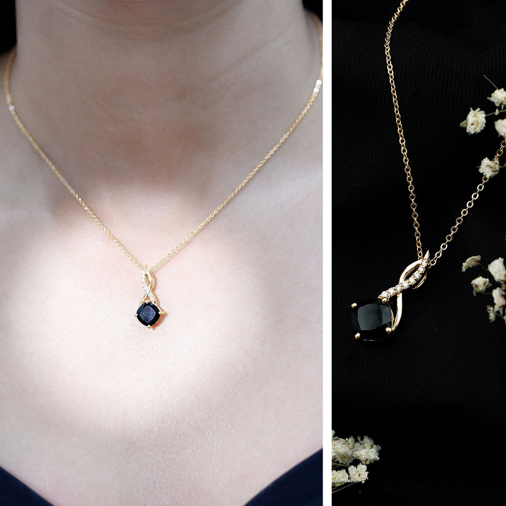 Cushion Cut Black Onyx Solitaire Infinity Necklace with Moissanite