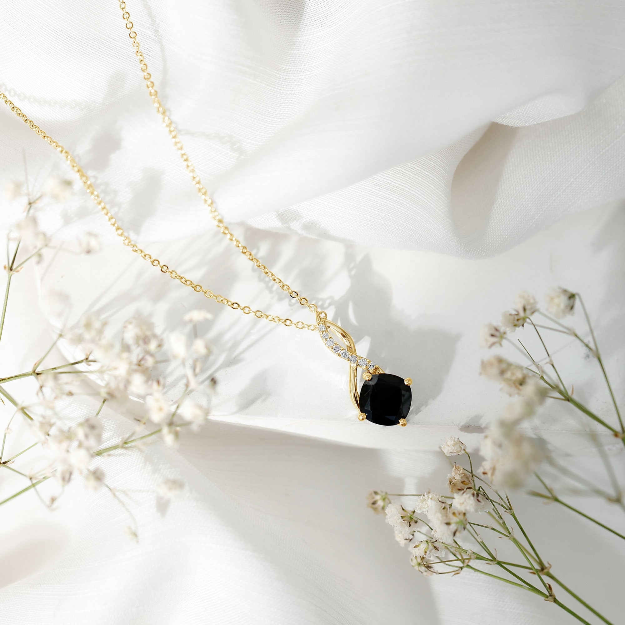 Cushion Cut Black Onyx Solitaire Infinity Necklace with Moissanite