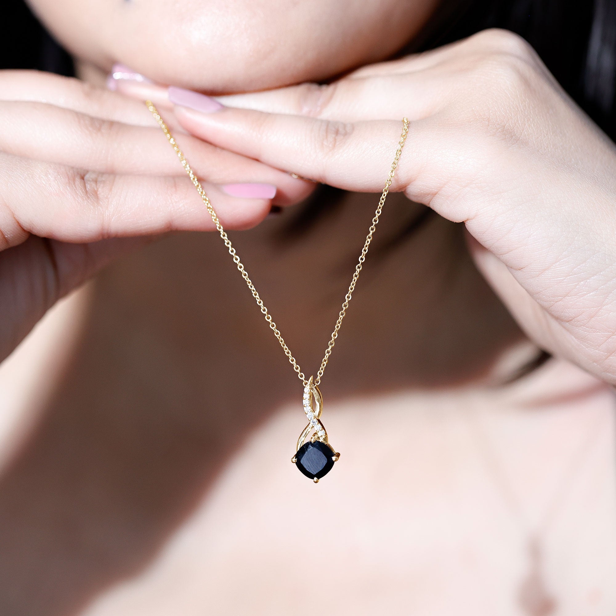 Cushion Cut Black Onyx Solitaire Infinity Necklace with Moissanite