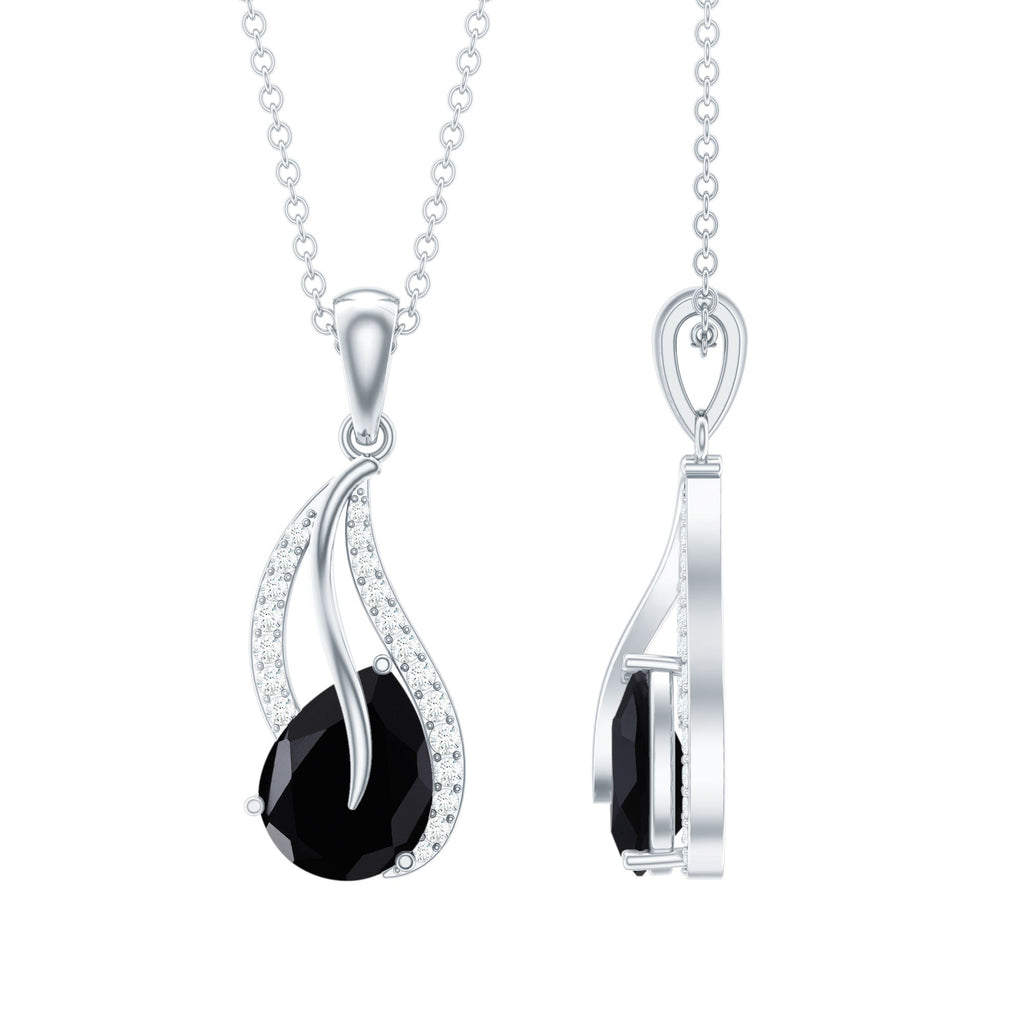 Pear Shaped Black Onyx and Diamond Leaf Pendant Necklace