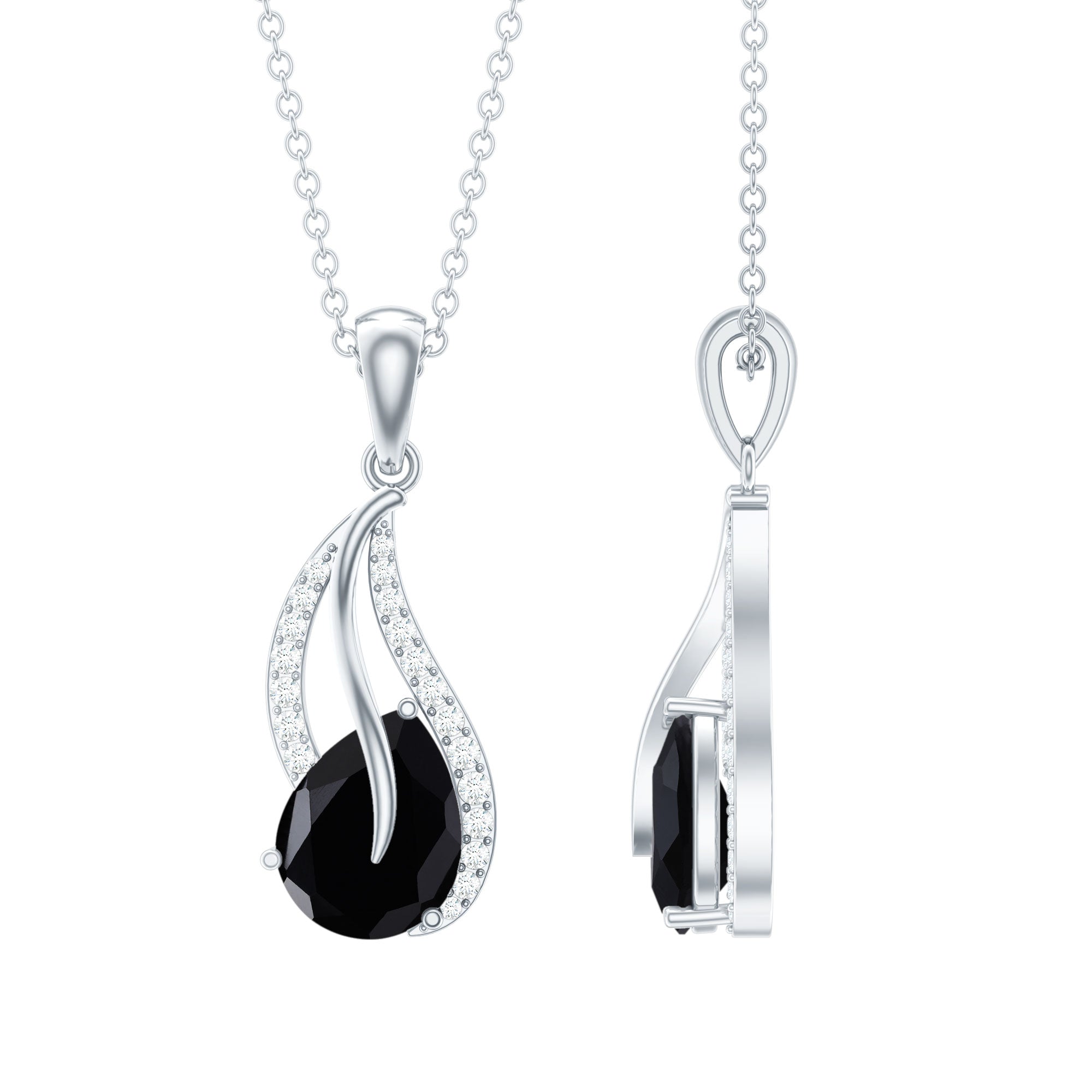 Pear Shaped Black Onyx and Diamond Leaf Pendant Necklace