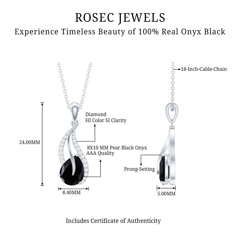 Pear Shaped Black Onyx and Diamond Leaf Pendant Necklace