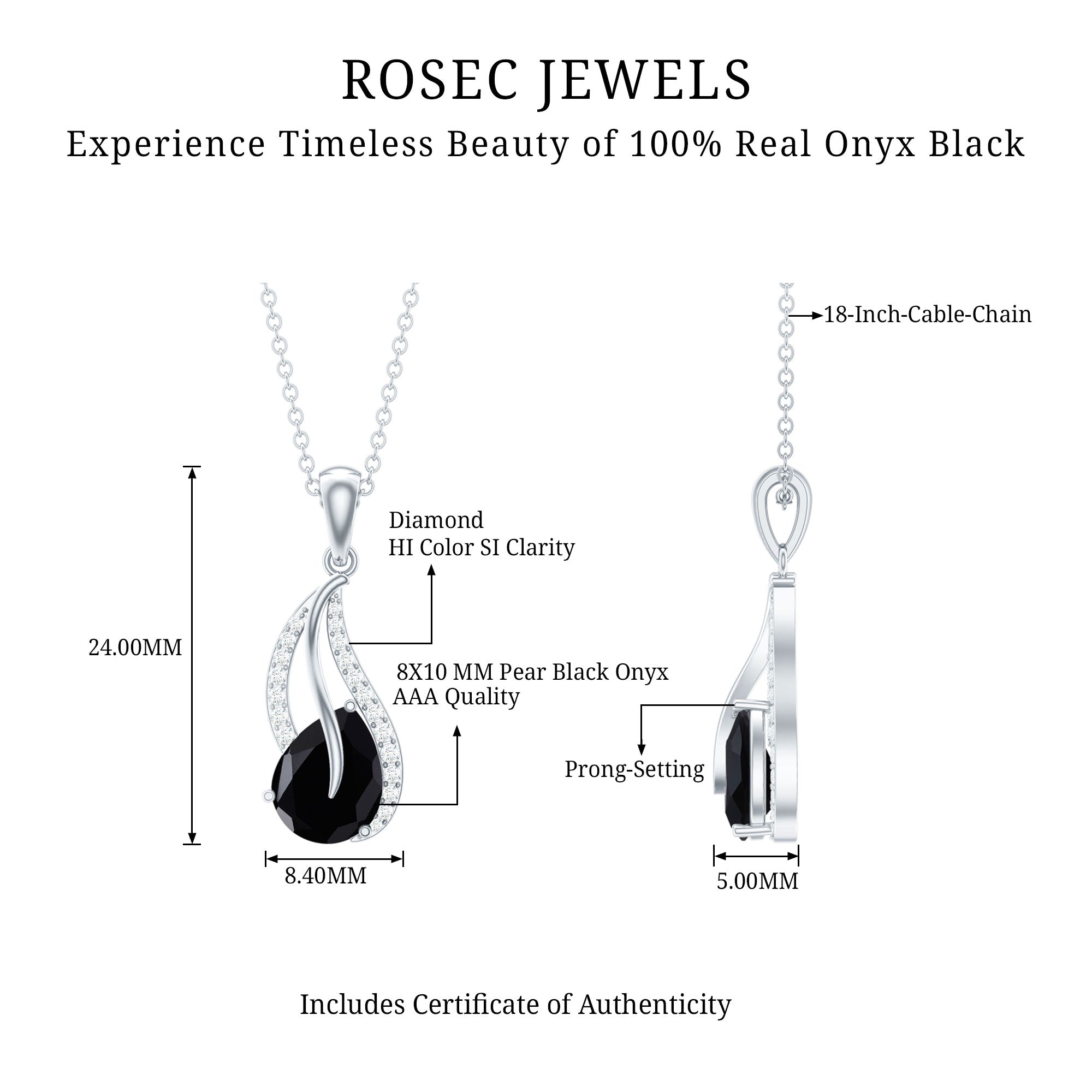 Pear Shaped Black Onyx and Diamond Leaf Pendant Necklace