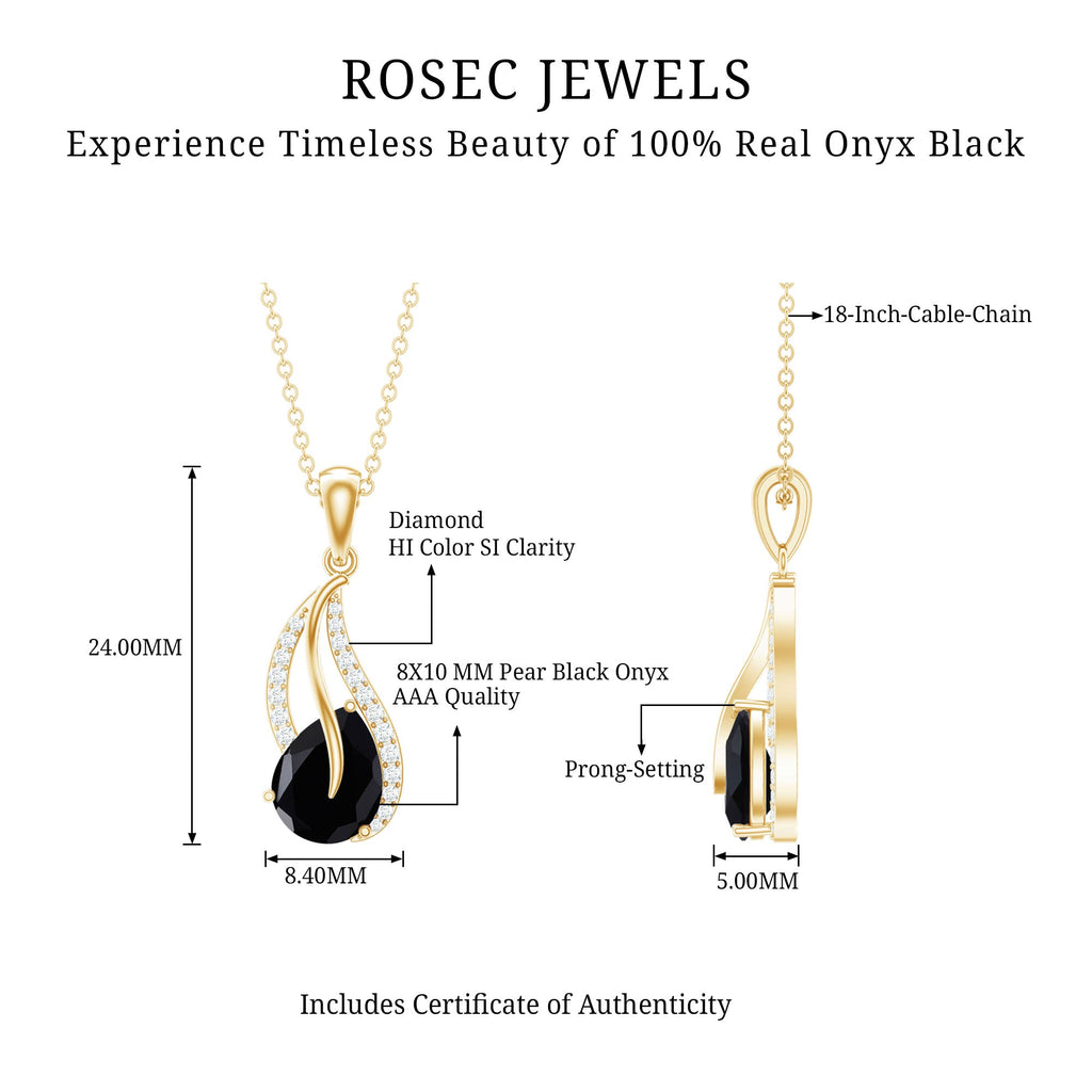 Pear Shaped Black Onyx and Diamond Leaf Pendant Necklace