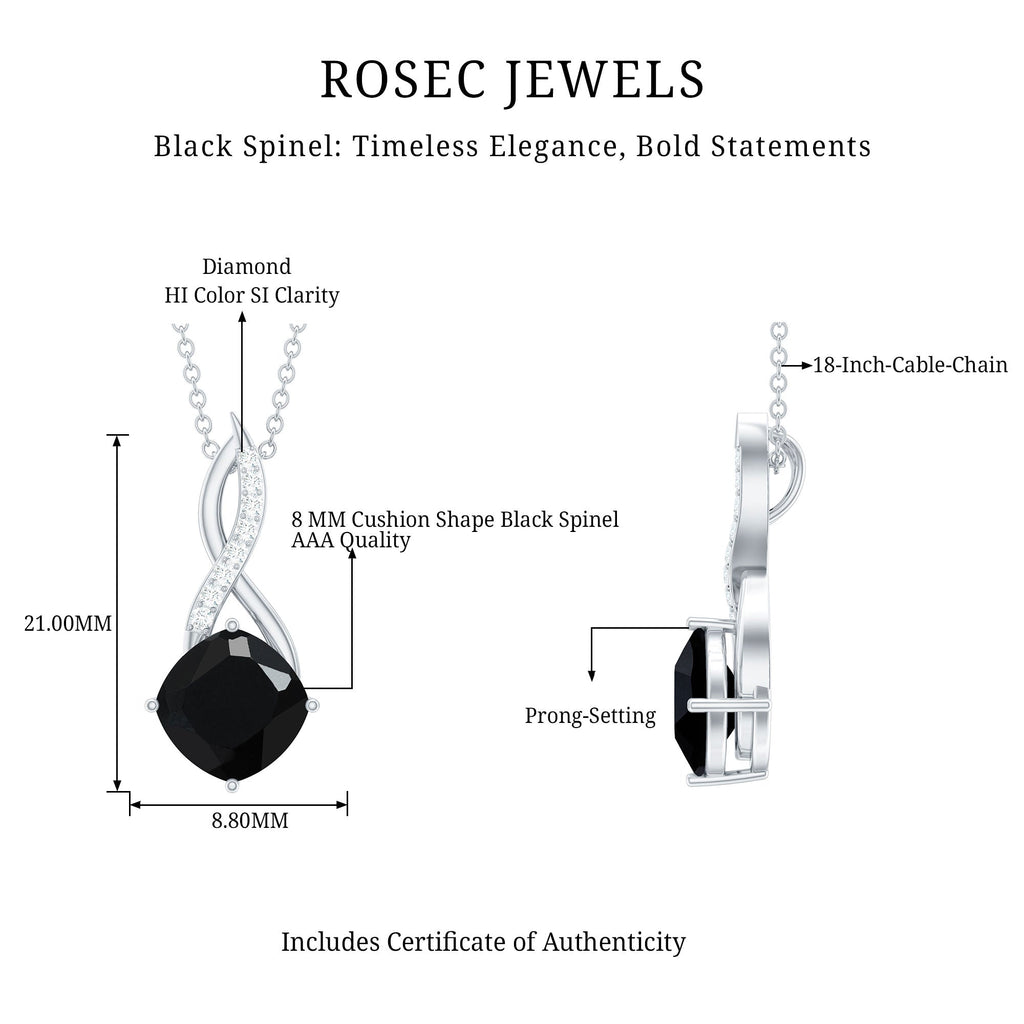 2 Carat Cushion Cut Black Spinel and Diamond Infinity Necklace