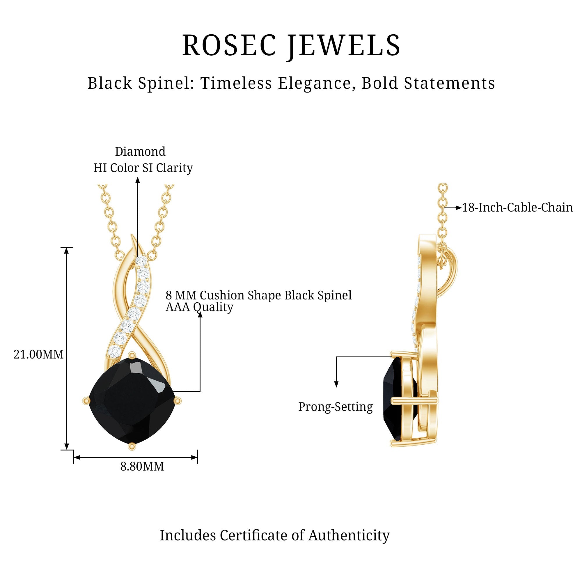 2 Carat Cushion Cut Black Spinel and Diamond Infinity Necklace