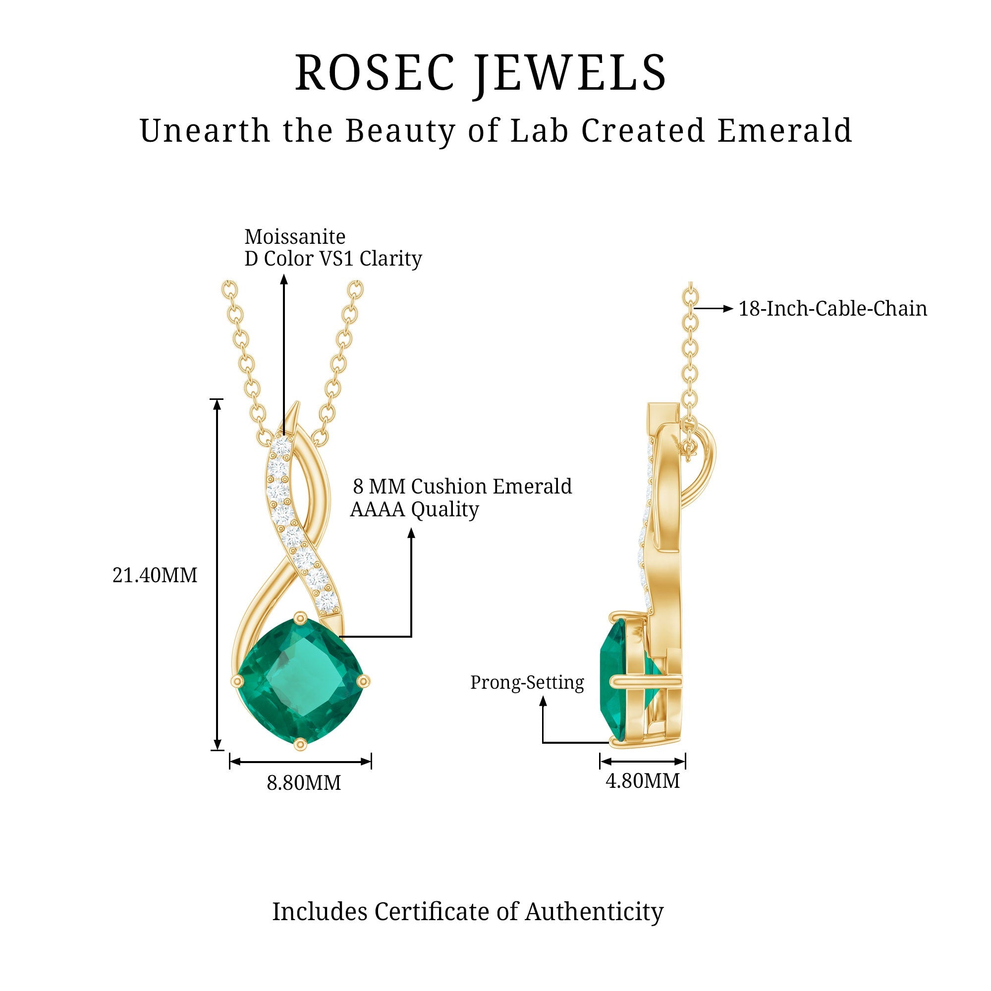 Certified Lab Created Emerald Infinity Necklace with Moissanite