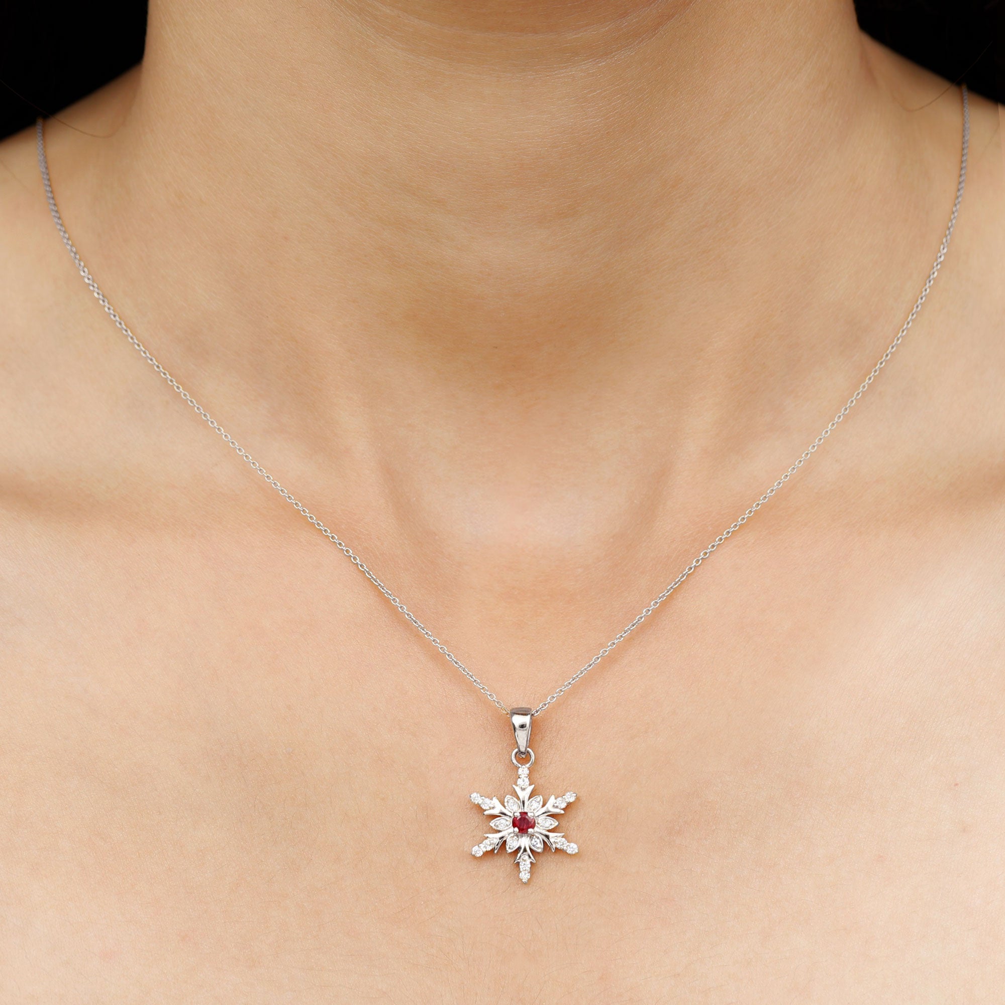Natural Ruby and Diamond Snowflake Pendant Necklace