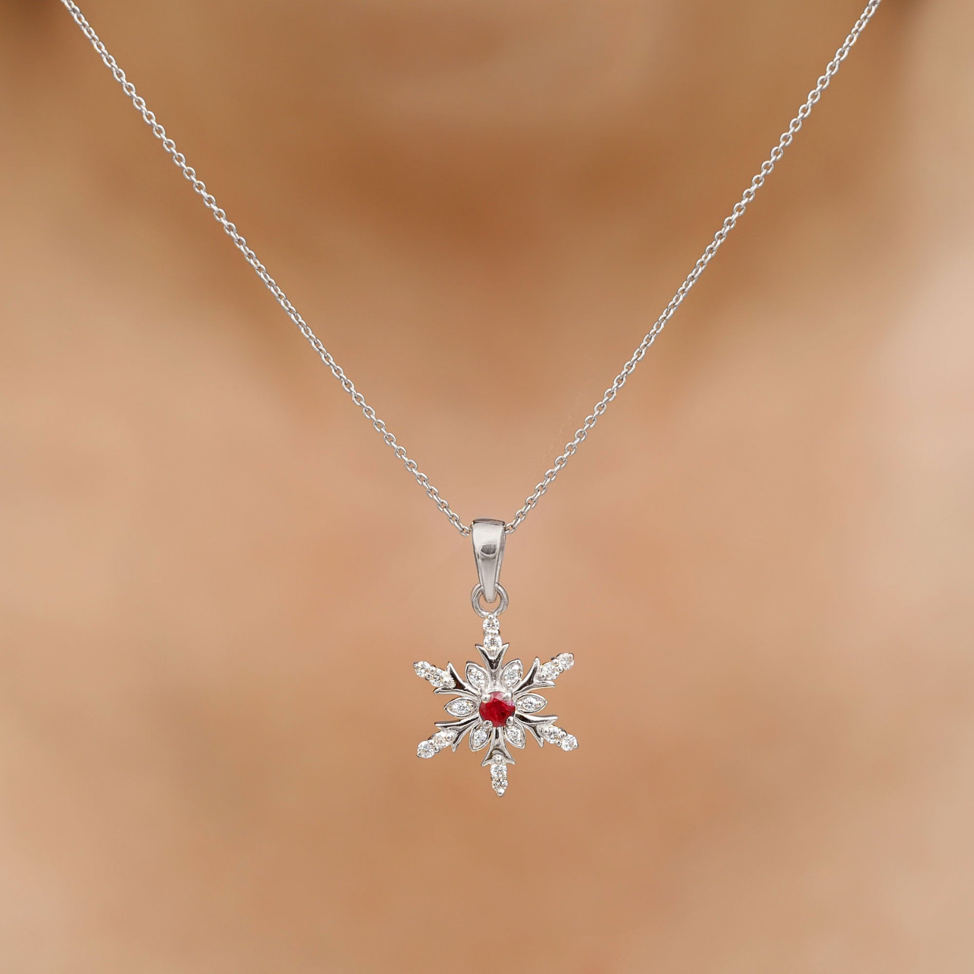 Natural Ruby and Diamond Snowflake Pendant Necklace
