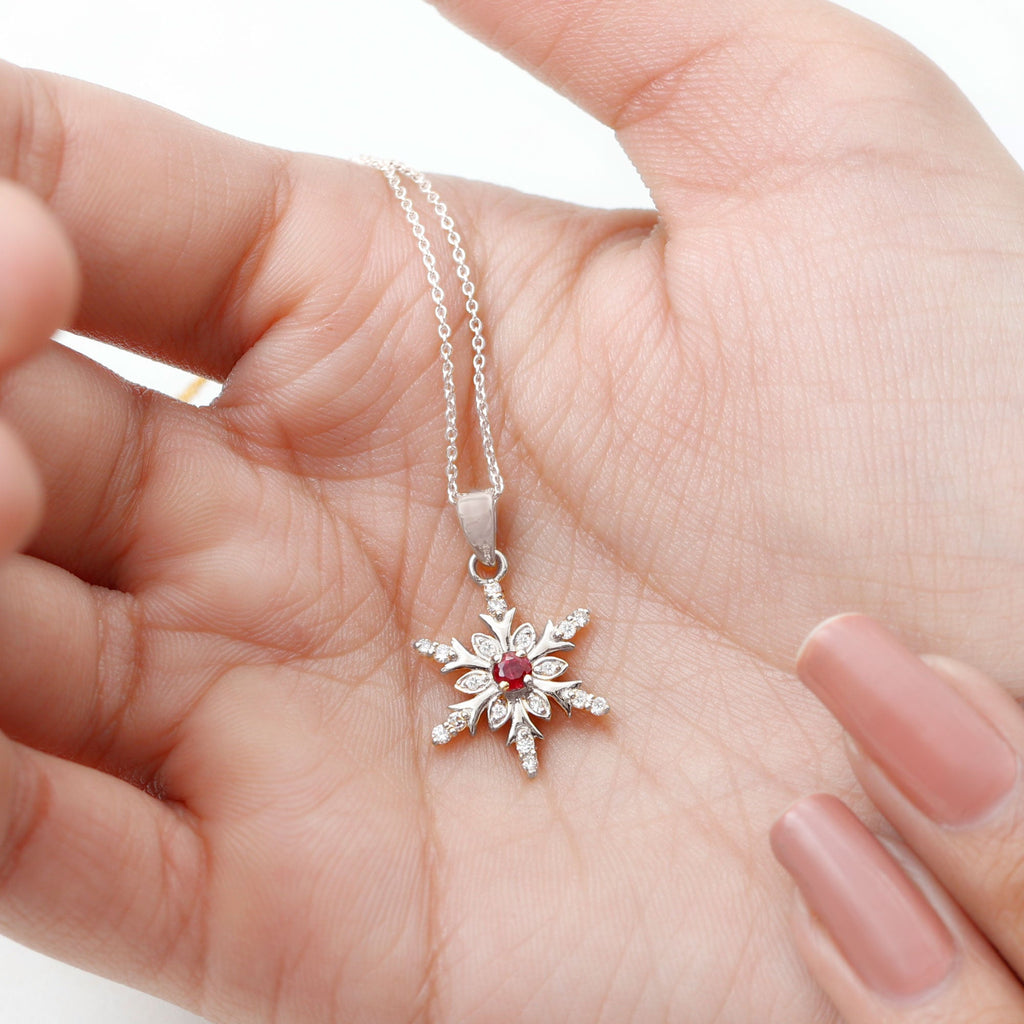 Natural Ruby and Diamond Snowflake Pendant Necklace
