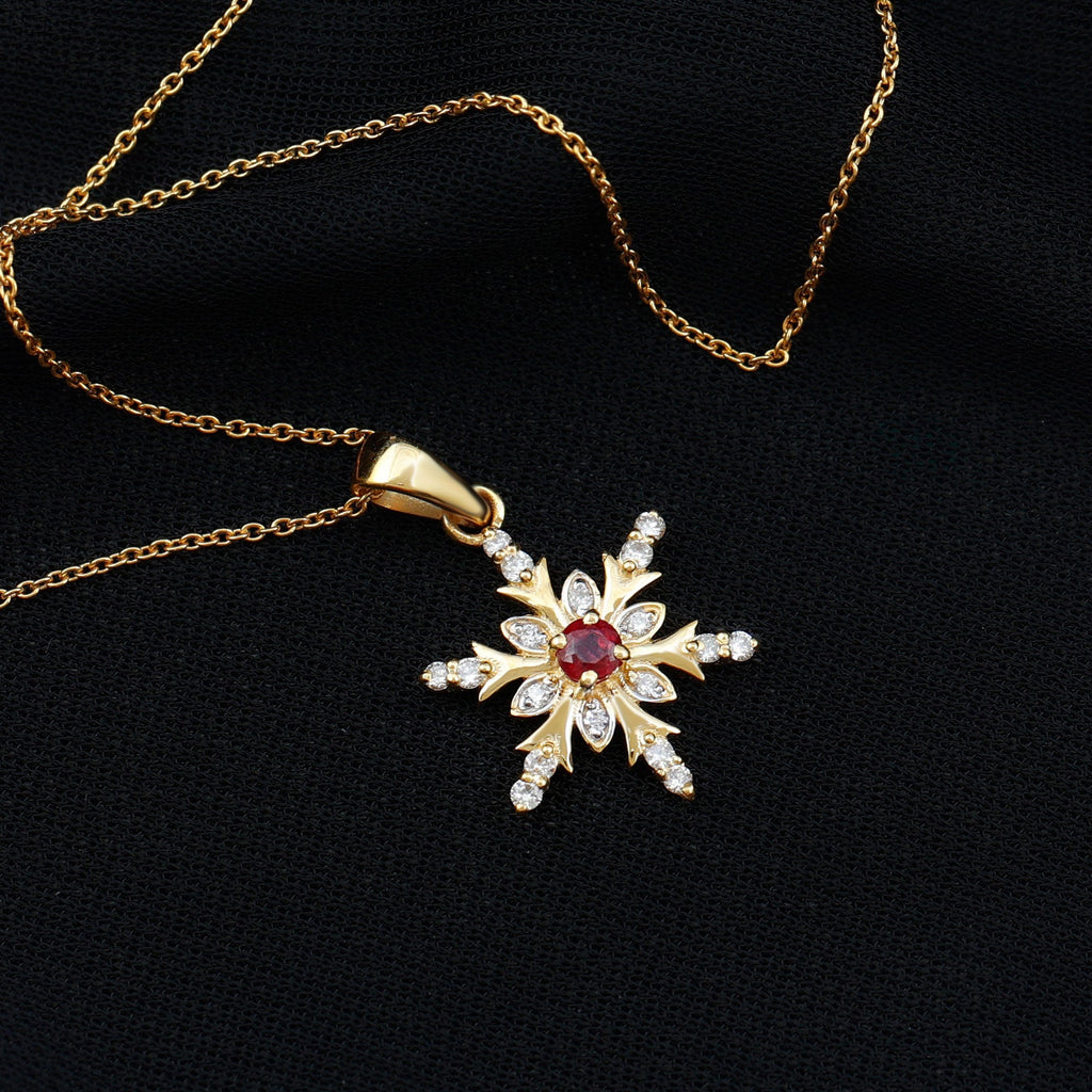 Natural Ruby and Diamond Snowflake Pendant Necklace