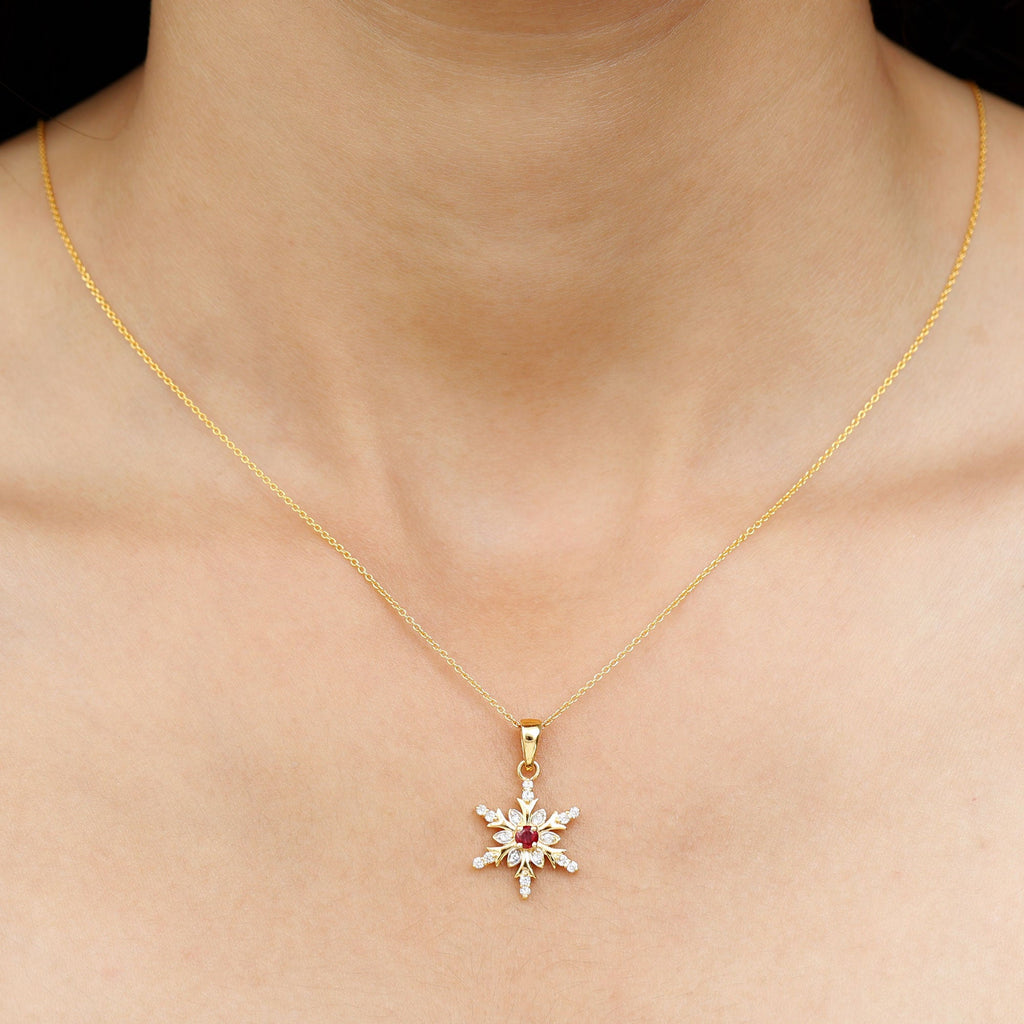Natural Ruby and Diamond Snowflake Pendant Necklace
