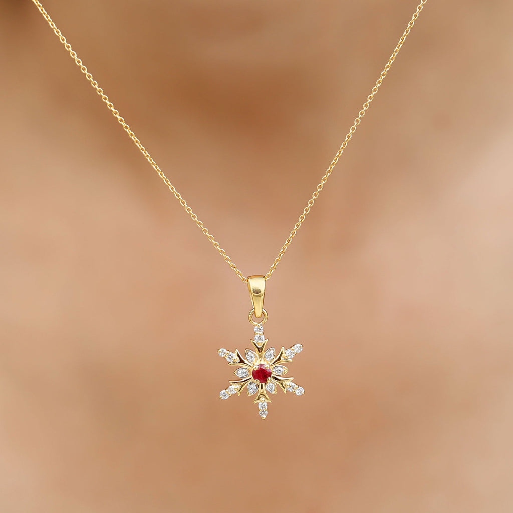 Natural Ruby and Diamond Snowflake Pendant Necklace