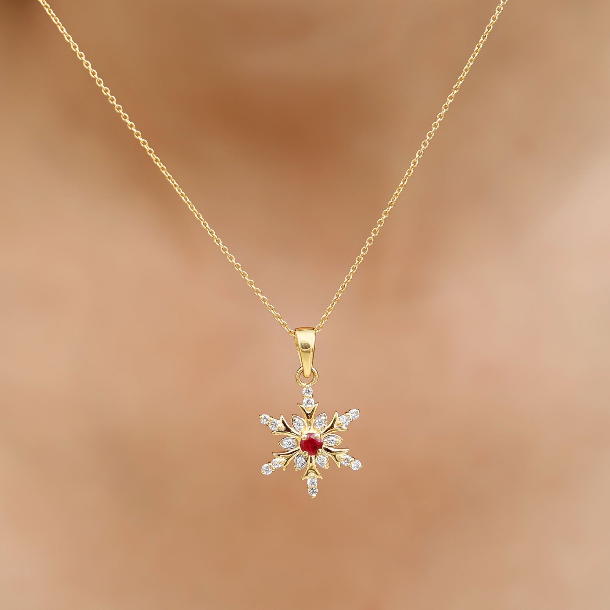 Natural Ruby and Diamond Snowflake Pendant Necklace