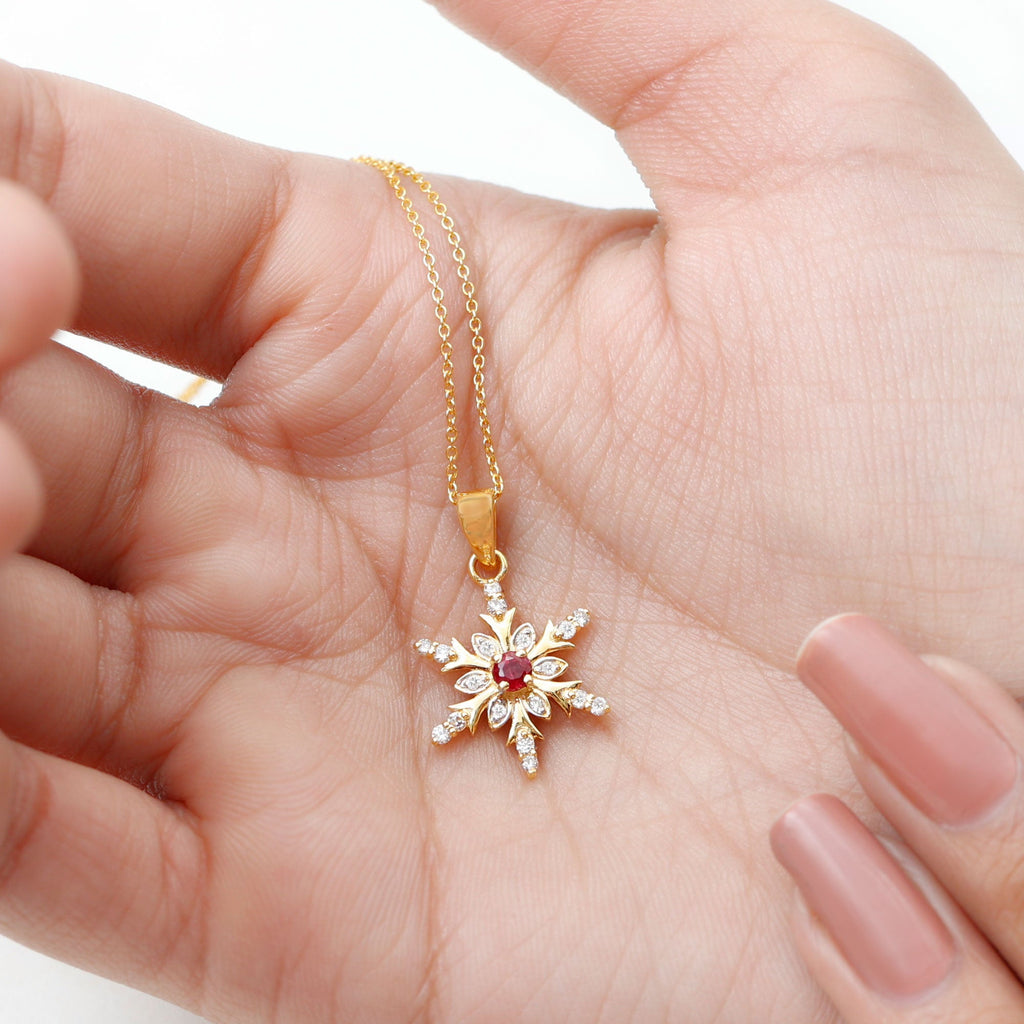 Natural Ruby and Diamond Snowflake Pendant Necklace