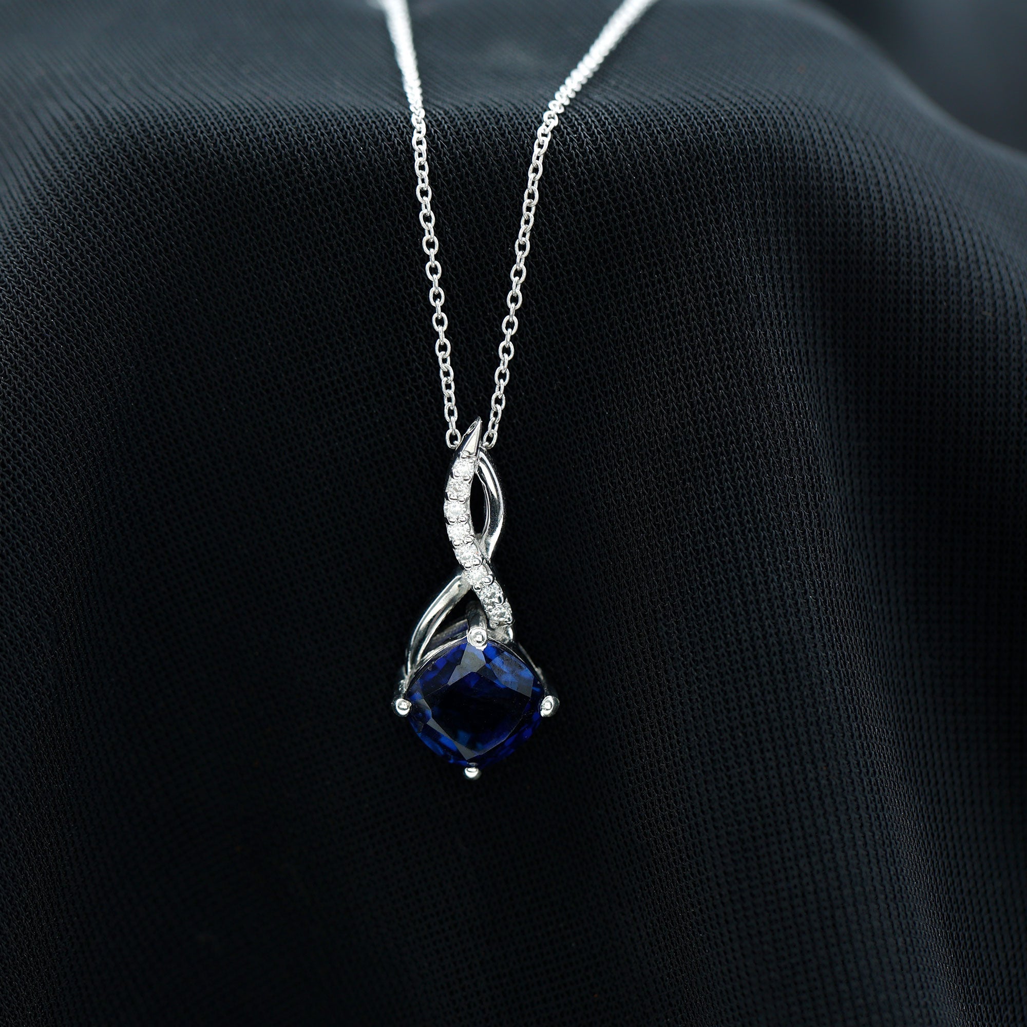 Cushion Cut Created Blue Sapphire Solitaire Infinity Pendant with Moissanite