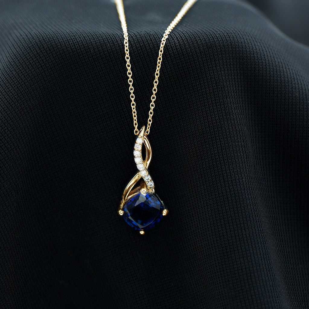 Cushion Cut Created Blue Sapphire Solitaire Infinity Pendant with Moissanite