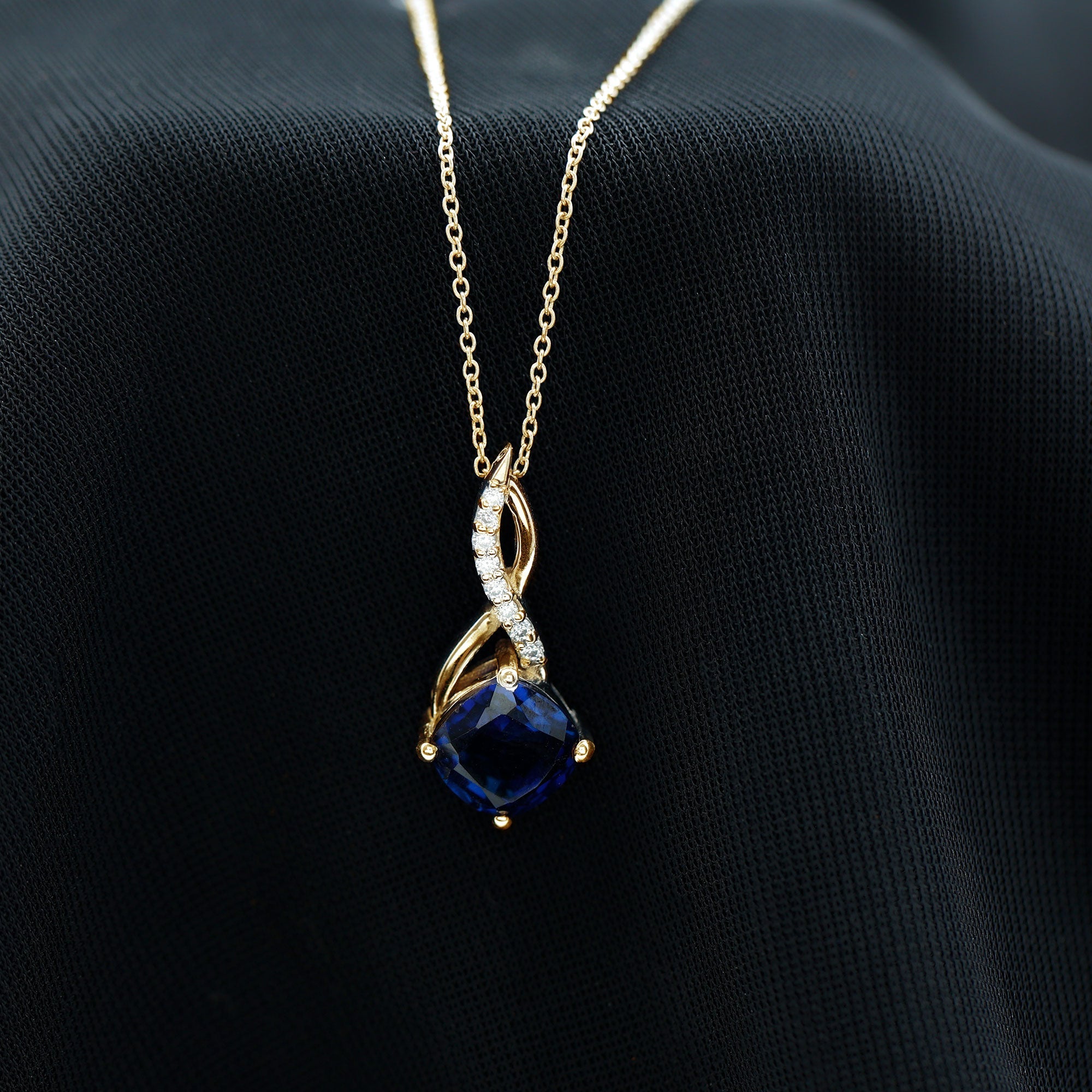 Cushion Cut Created Blue Sapphire Solitaire Infinity Pendant with Moissanite