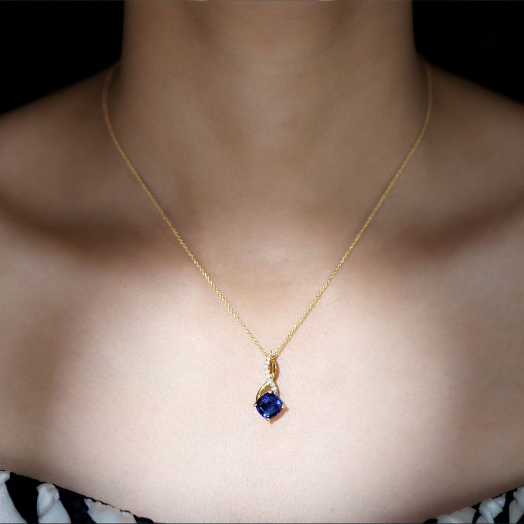 Cushion Cut Created Blue Sapphire Solitaire Infinity Pendant with Moissanite
