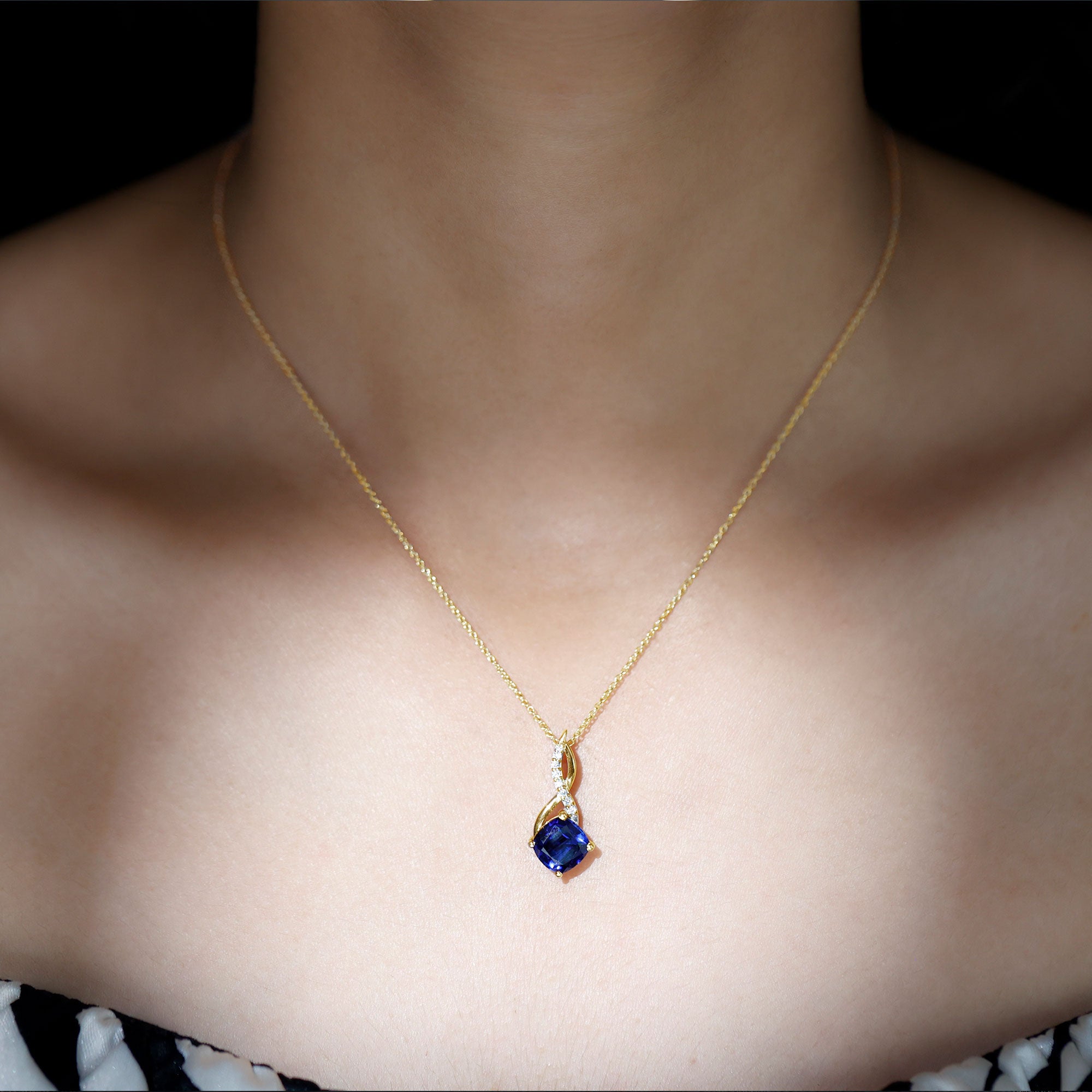 Cushion Cut Created Blue Sapphire Solitaire Infinity Pendant with Moissanite