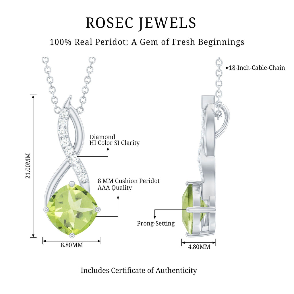 Cushion Cut Peridot Solitaire Infinity Pendant with Diamond