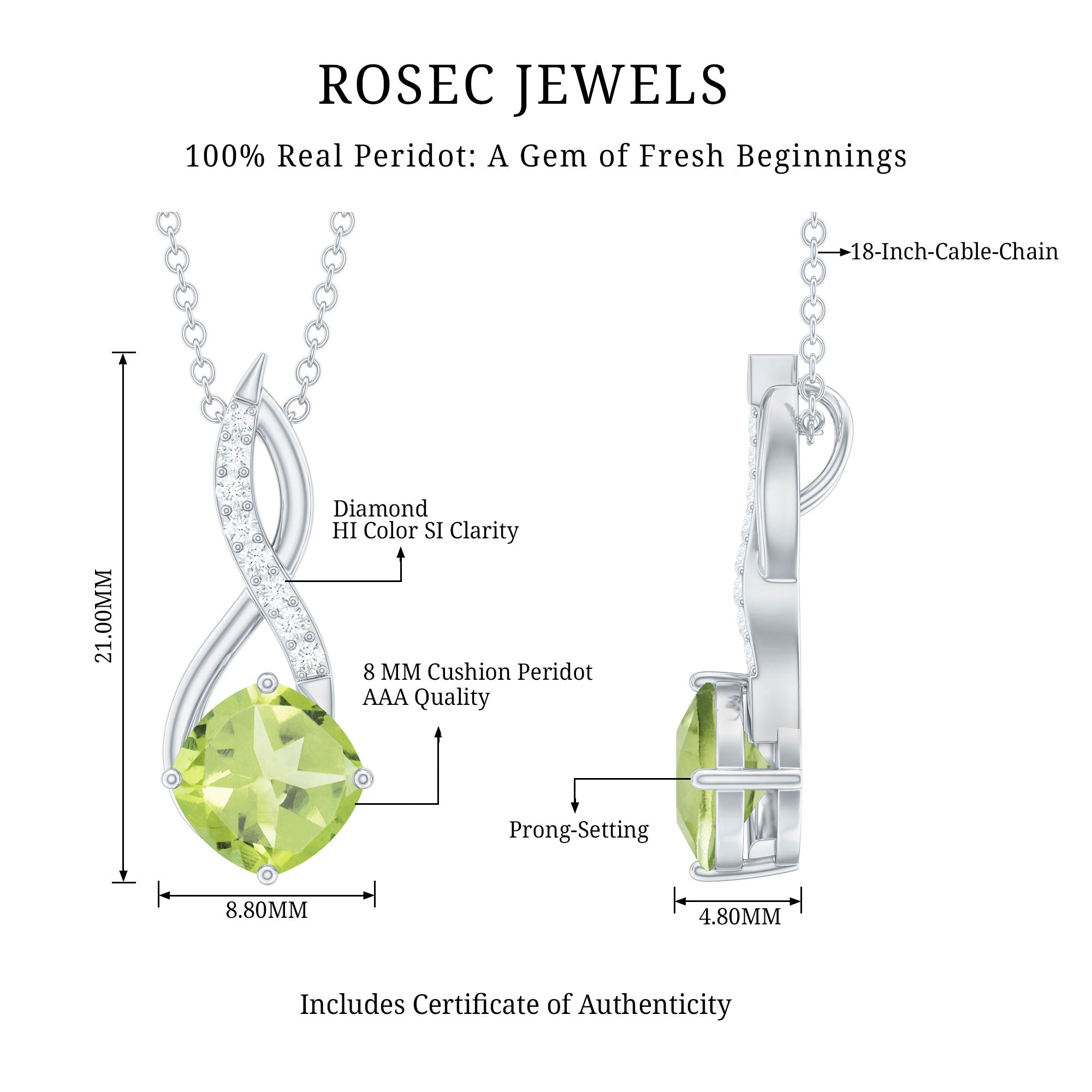 Cushion Cut Peridot Solitaire Infinity Pendant with Diamond