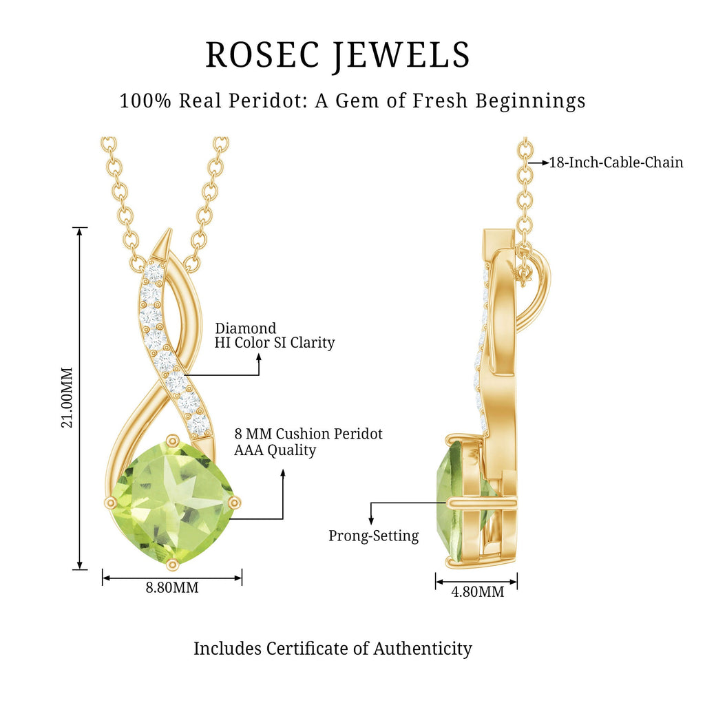 Cushion Cut Peridot Solitaire Infinity Pendant with Diamond