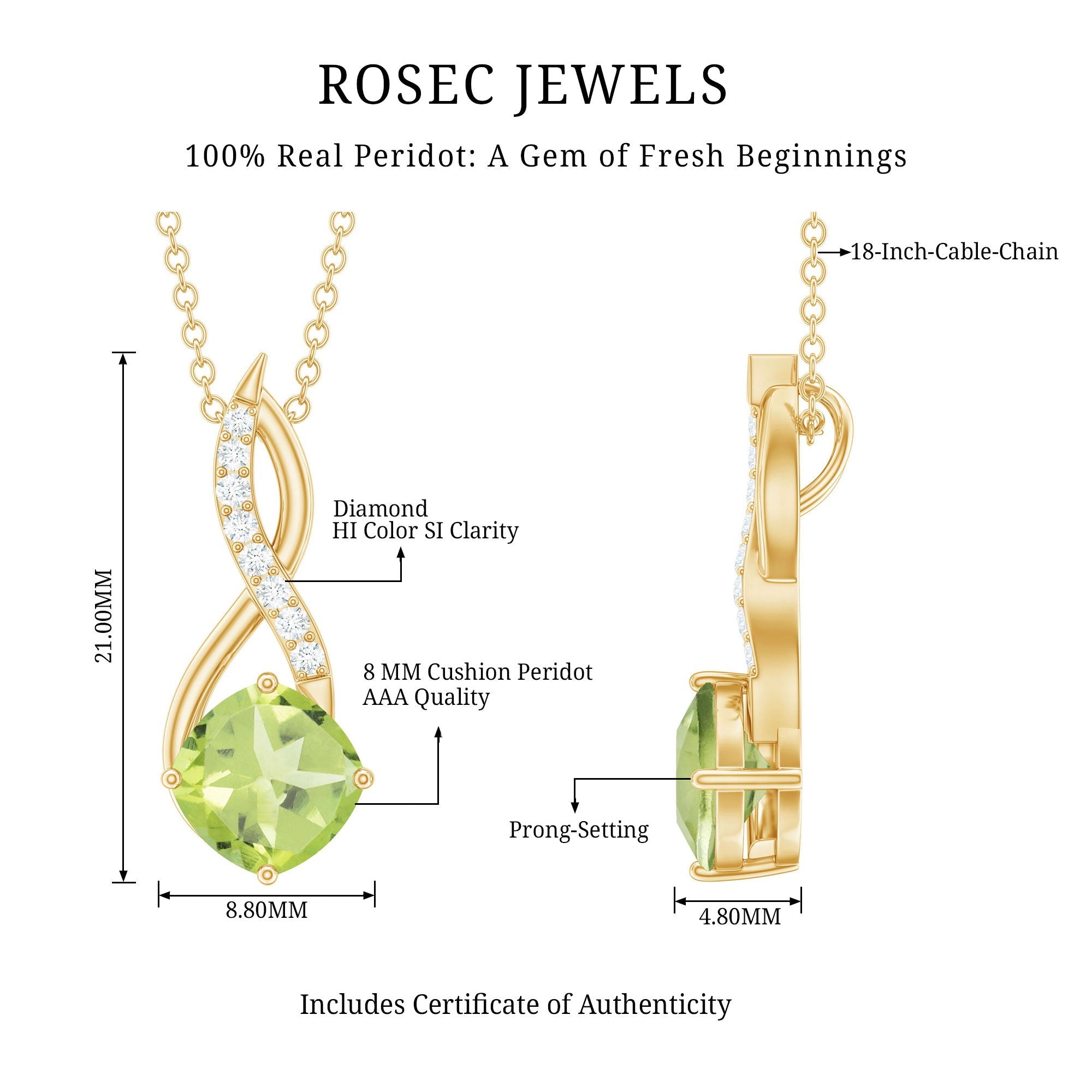 Cushion Cut Peridot Solitaire Infinity Pendant with Diamond
