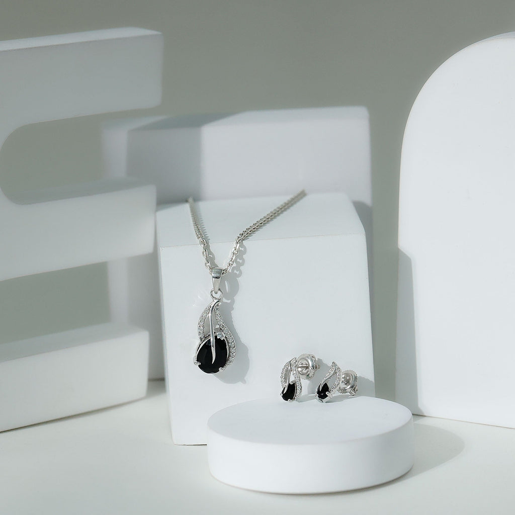 Pear Shaped Black Onyx Necklace and Earrings Set with Moissanite