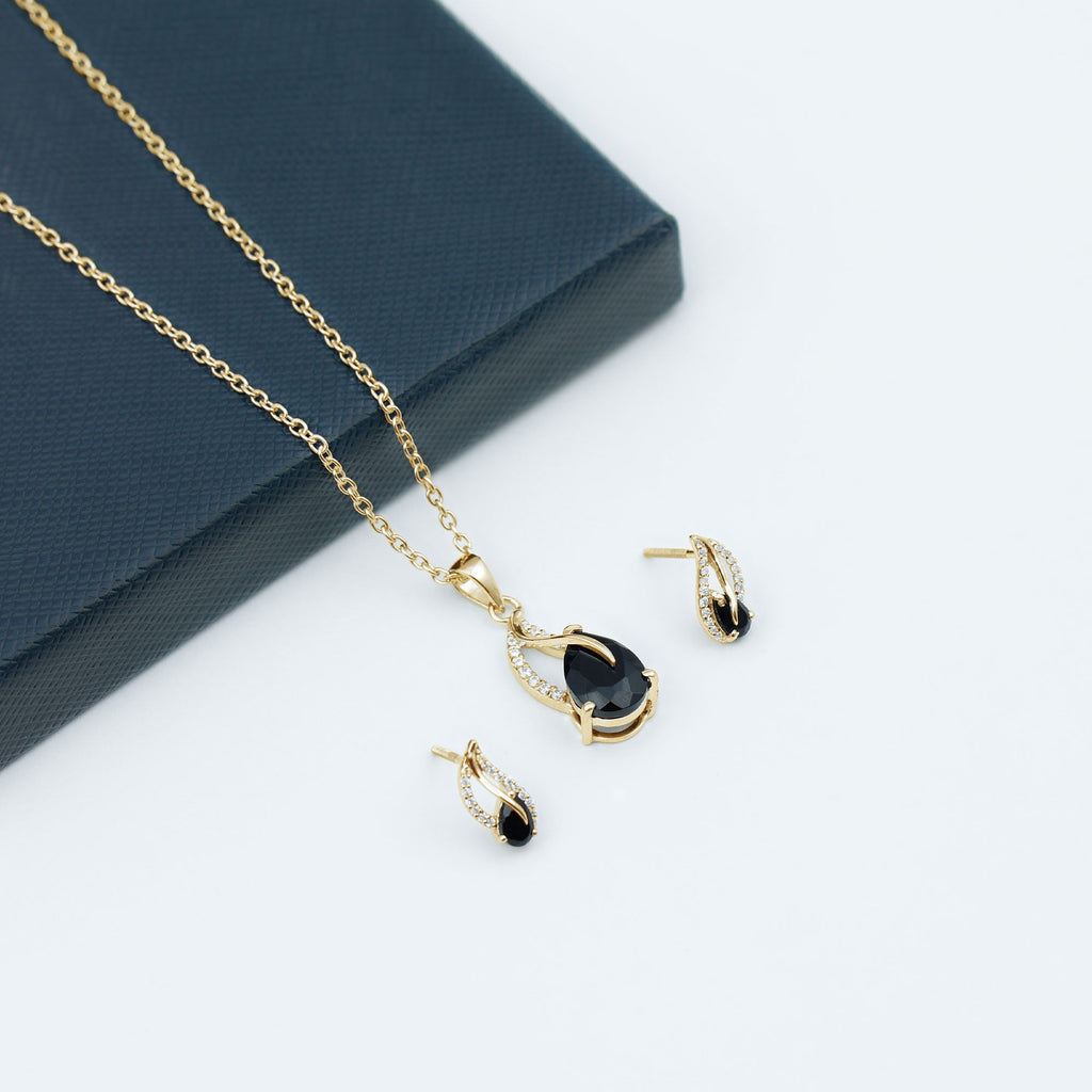Pear Shaped Black Onyx Necklace and Earrings Set with Moissanite