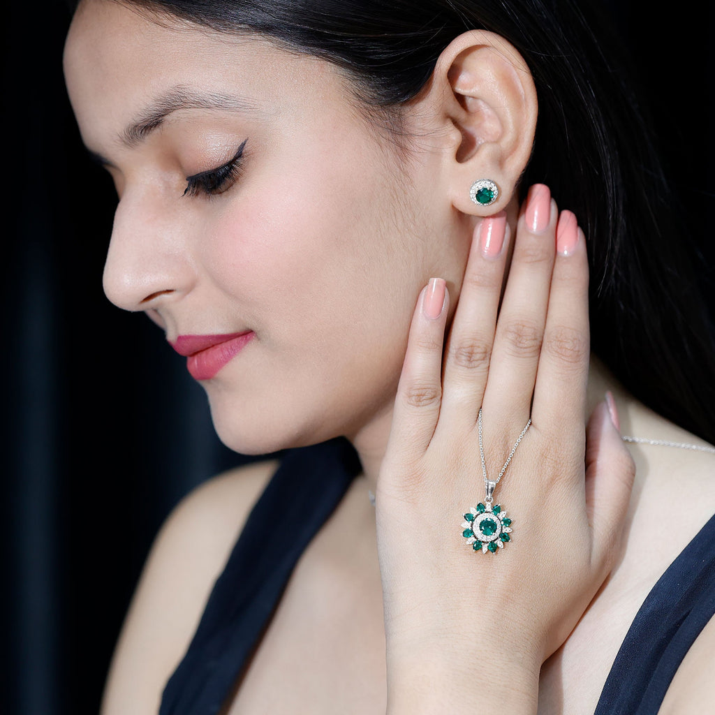 Lab Created Emerald and Moissanite Flower Jewelry Set