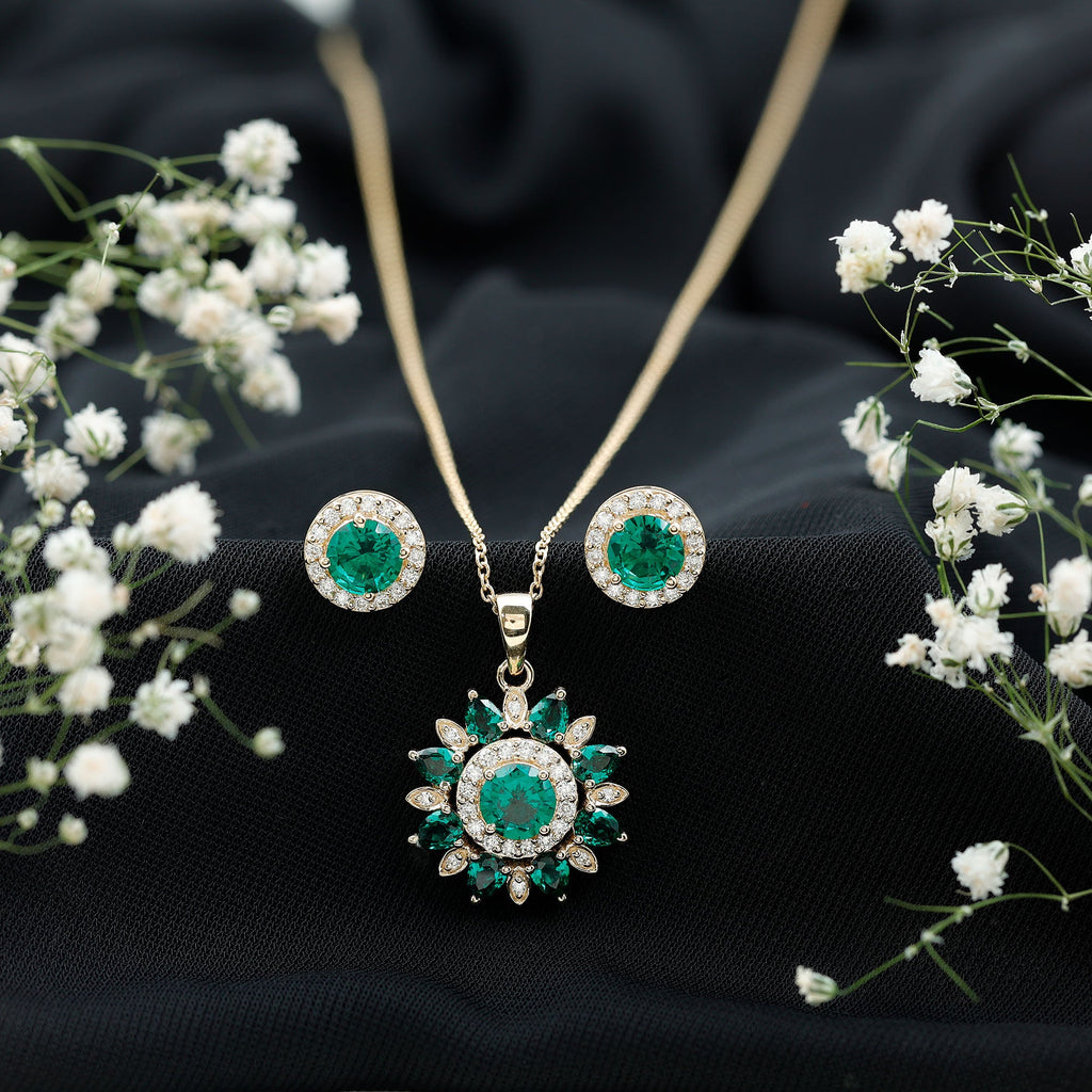 Lab Created Emerald and Moissanite Flower Jewelry Set