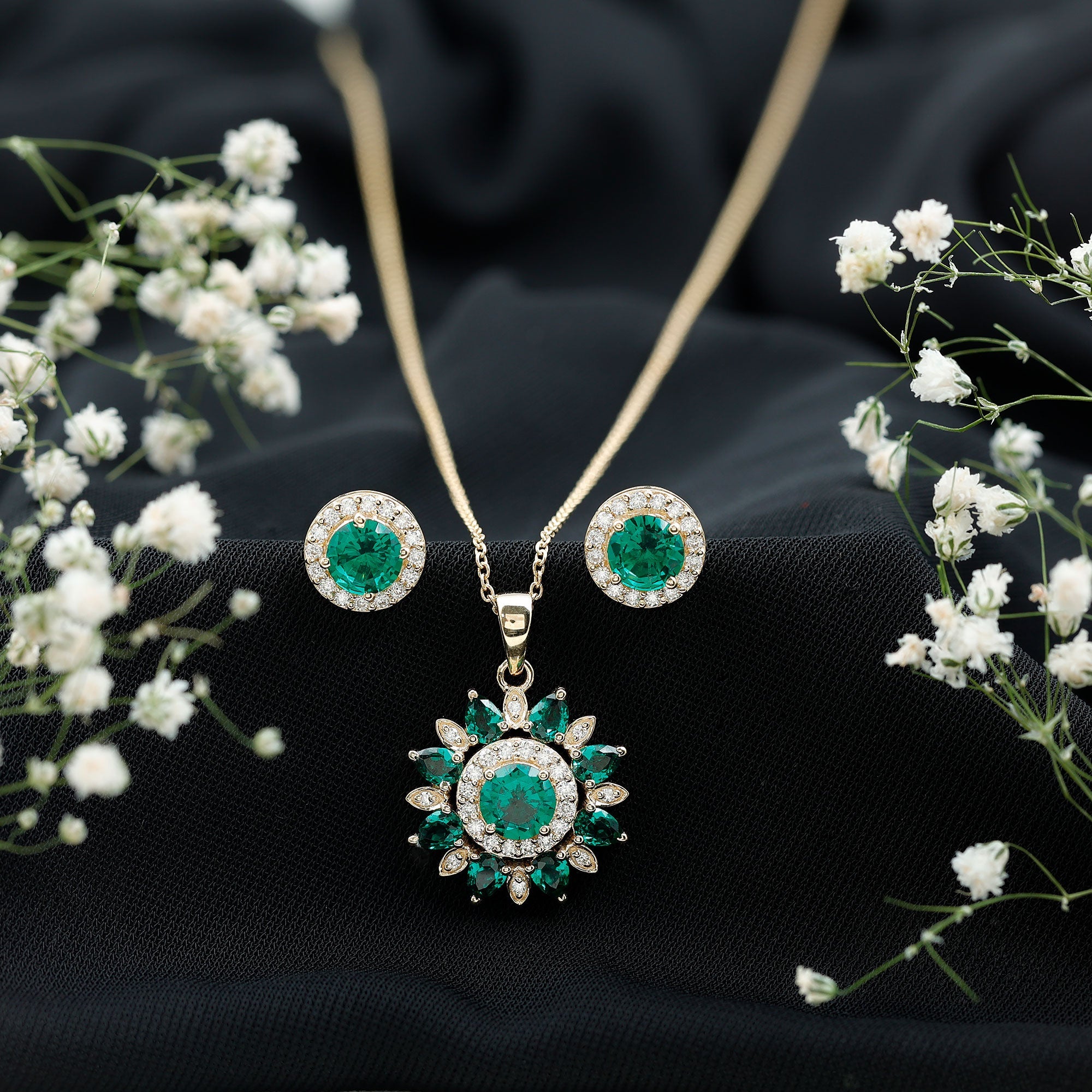 Lab Created Emerald and Moissanite Flower Jewelry Set