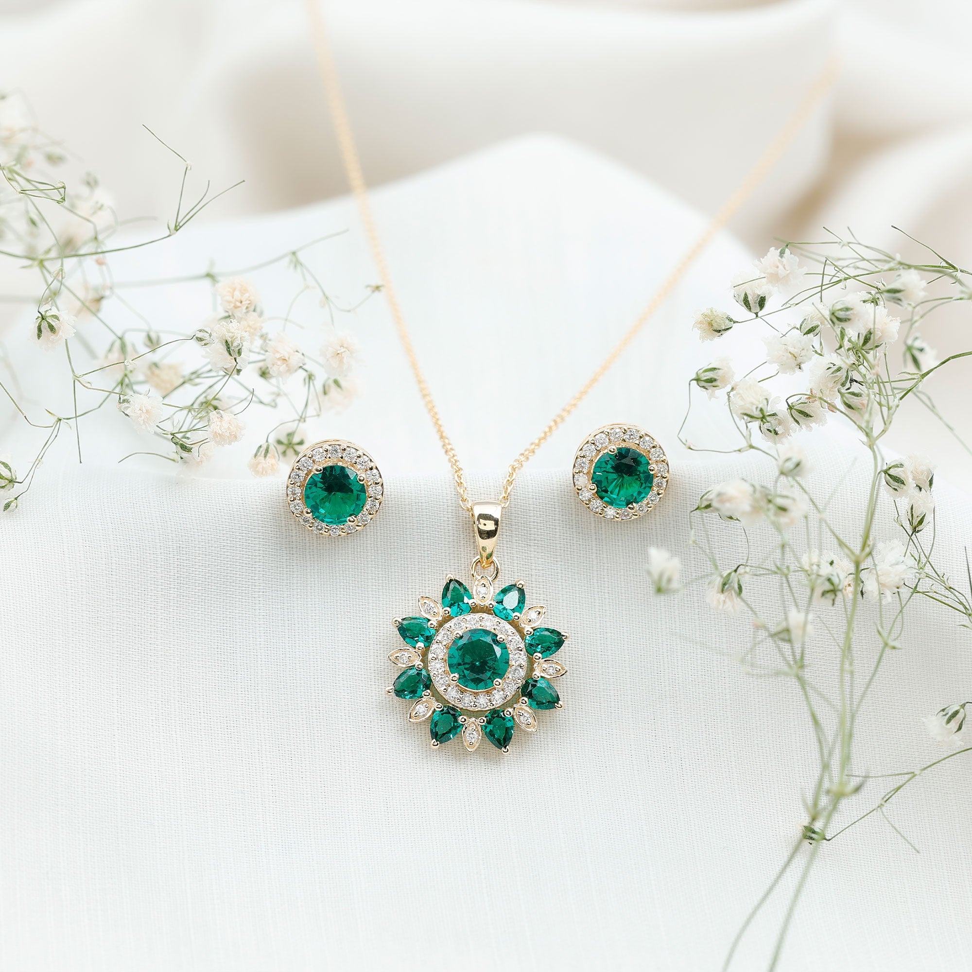 Lab Created Emerald and Moissanite Flower Jewelry Set