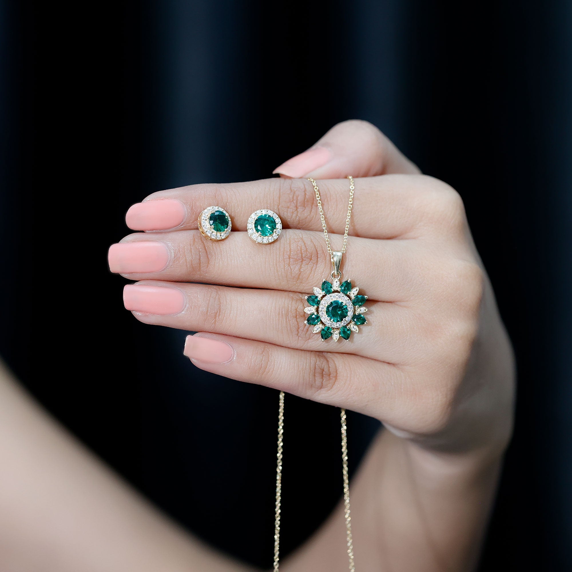 Lab Created Emerald and Moissanite Flower Jewelry Set