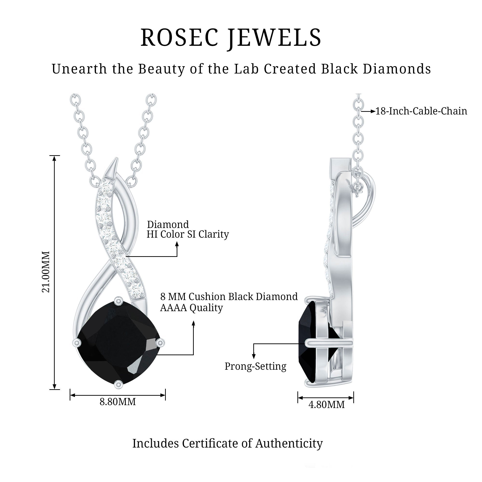 2.83 Carat Cushion Lab Grown Black Diamond Infinity Necklace