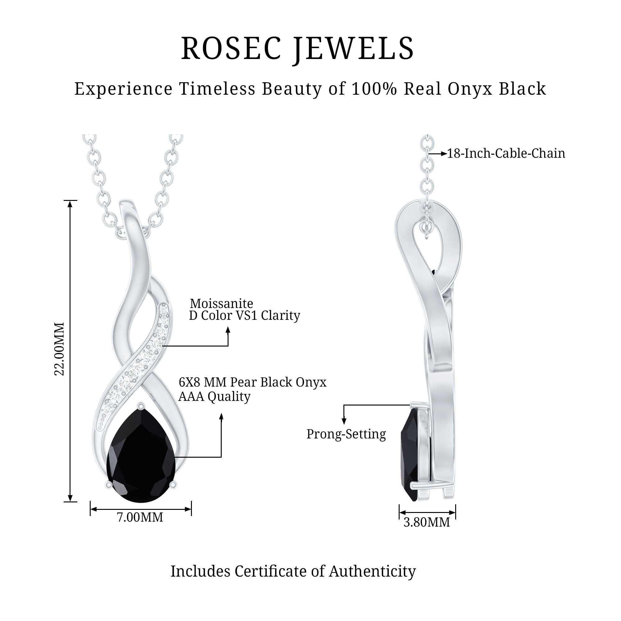 Pear Shape Black Onyx Infinity Pendant Necklace with Moissanite Accent