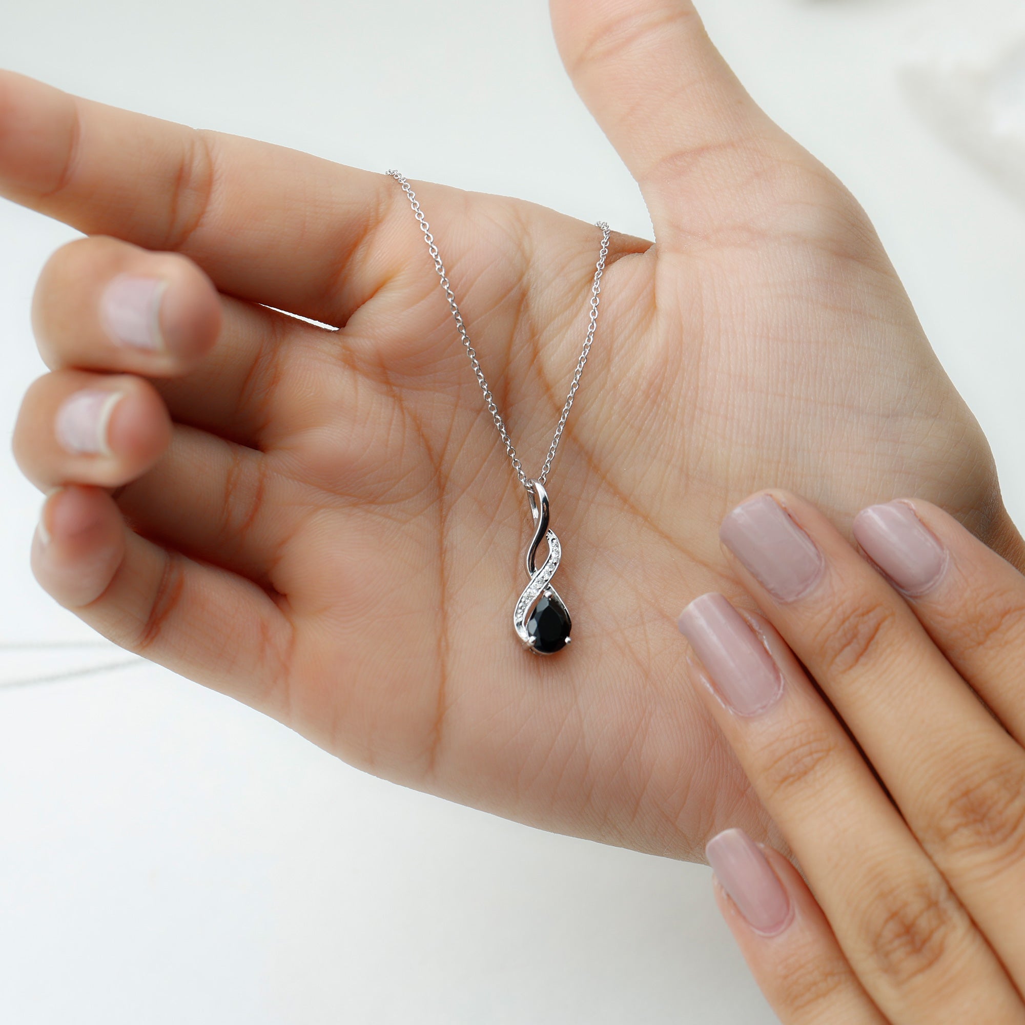 Pear Shape Black Onyx Infinity Pendant Necklace with Moissanite Accent