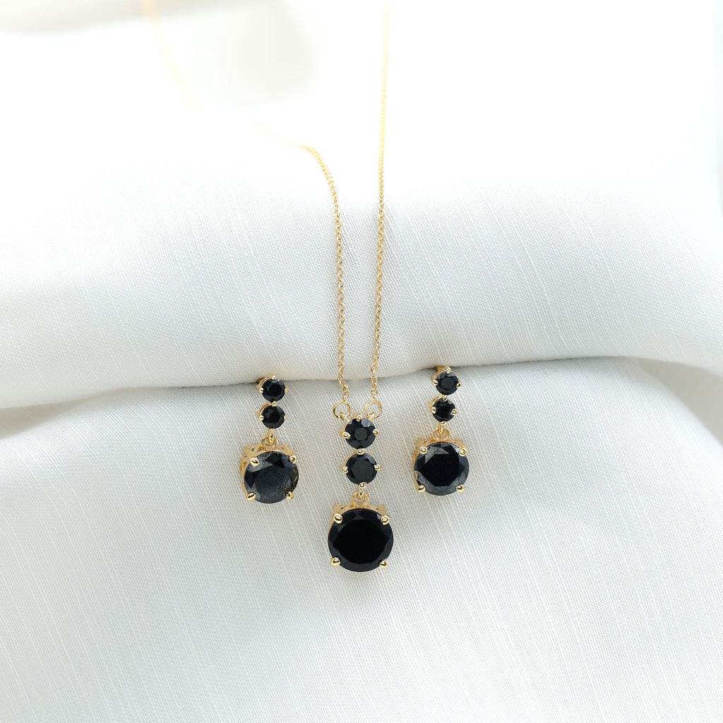 Genuine 5 Carat Black Onyx Three Stone Necklace With Earrings